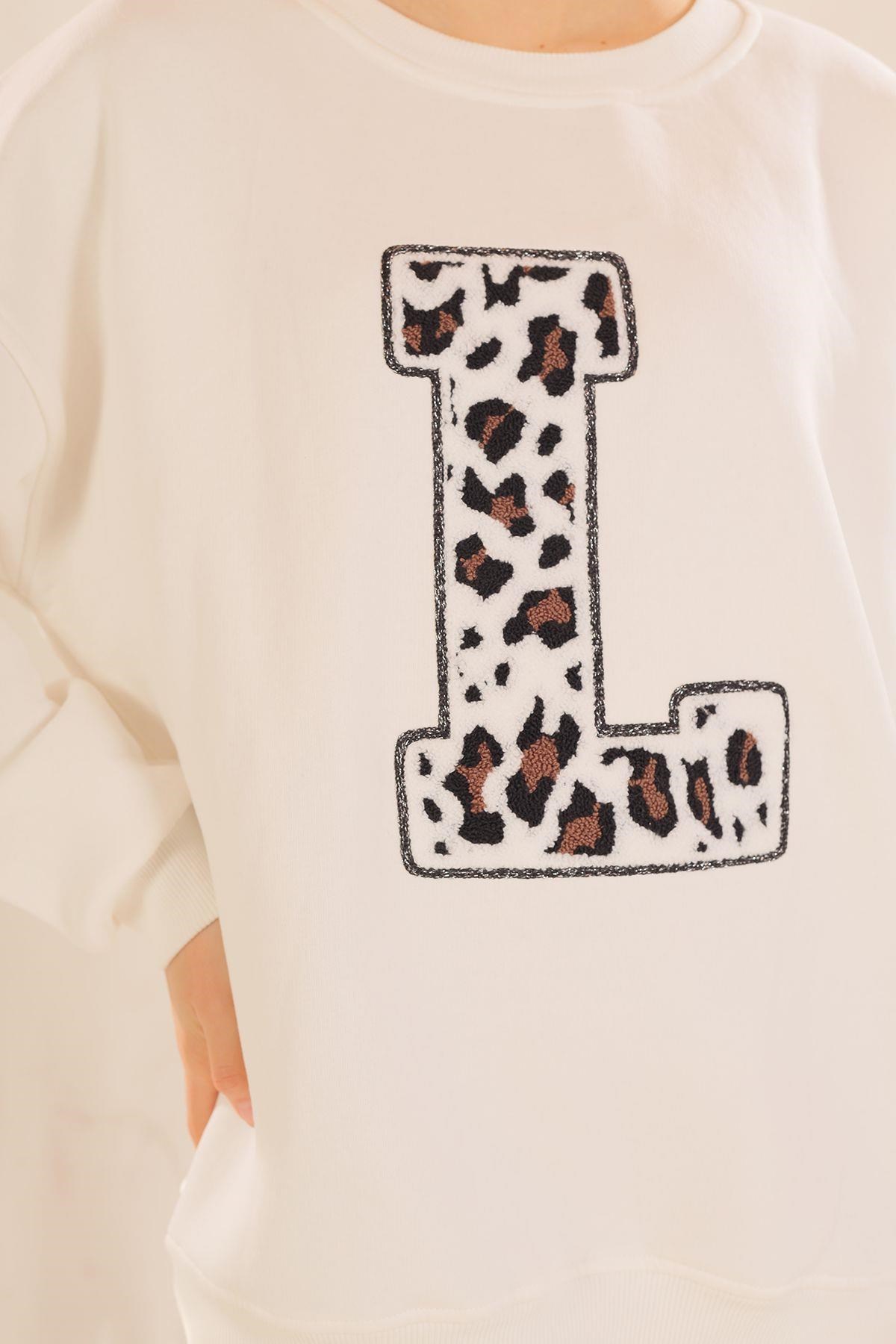 Ekru Leopar Detay Sweat 3569