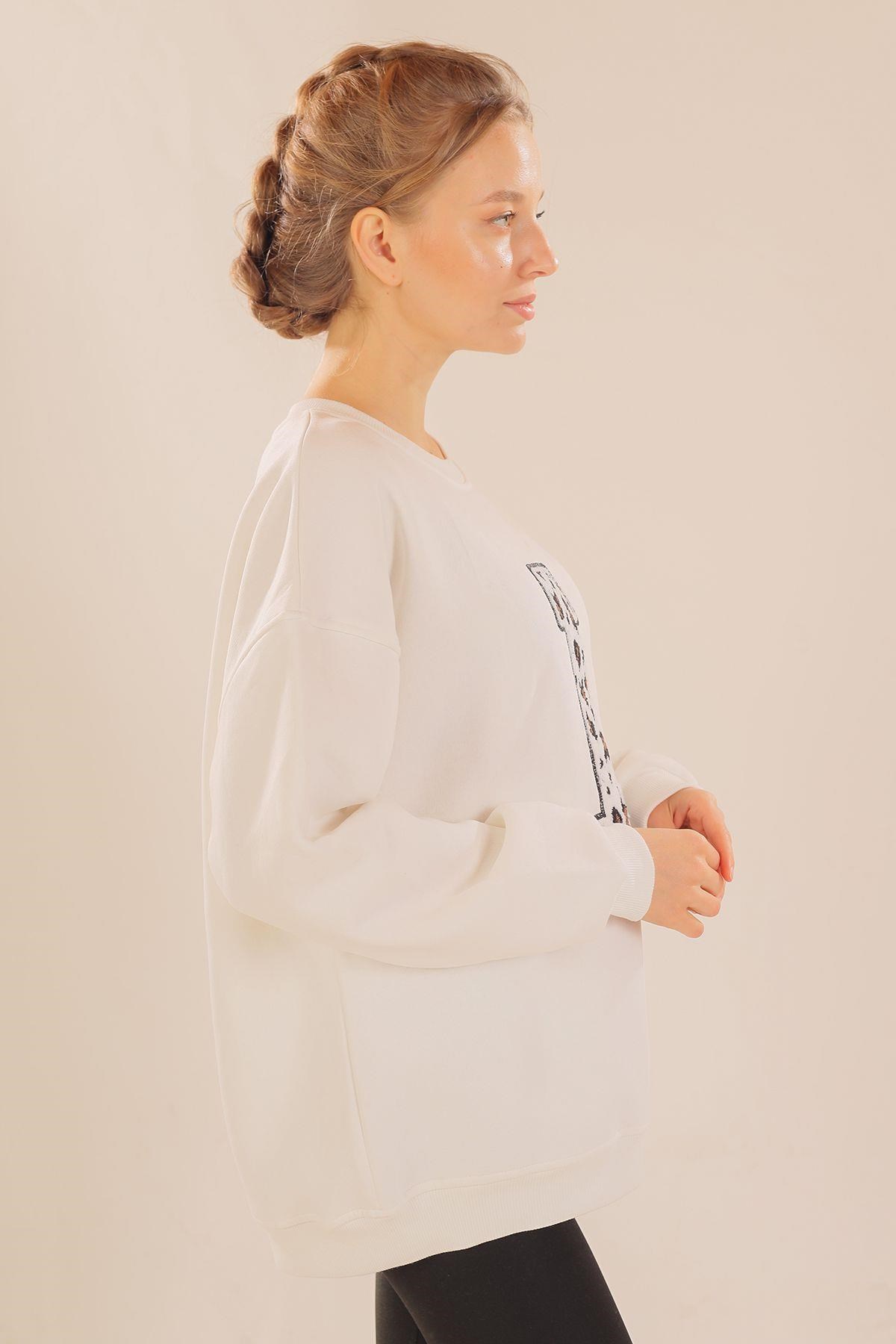 Ekru Leopar Detay Sweat 3569