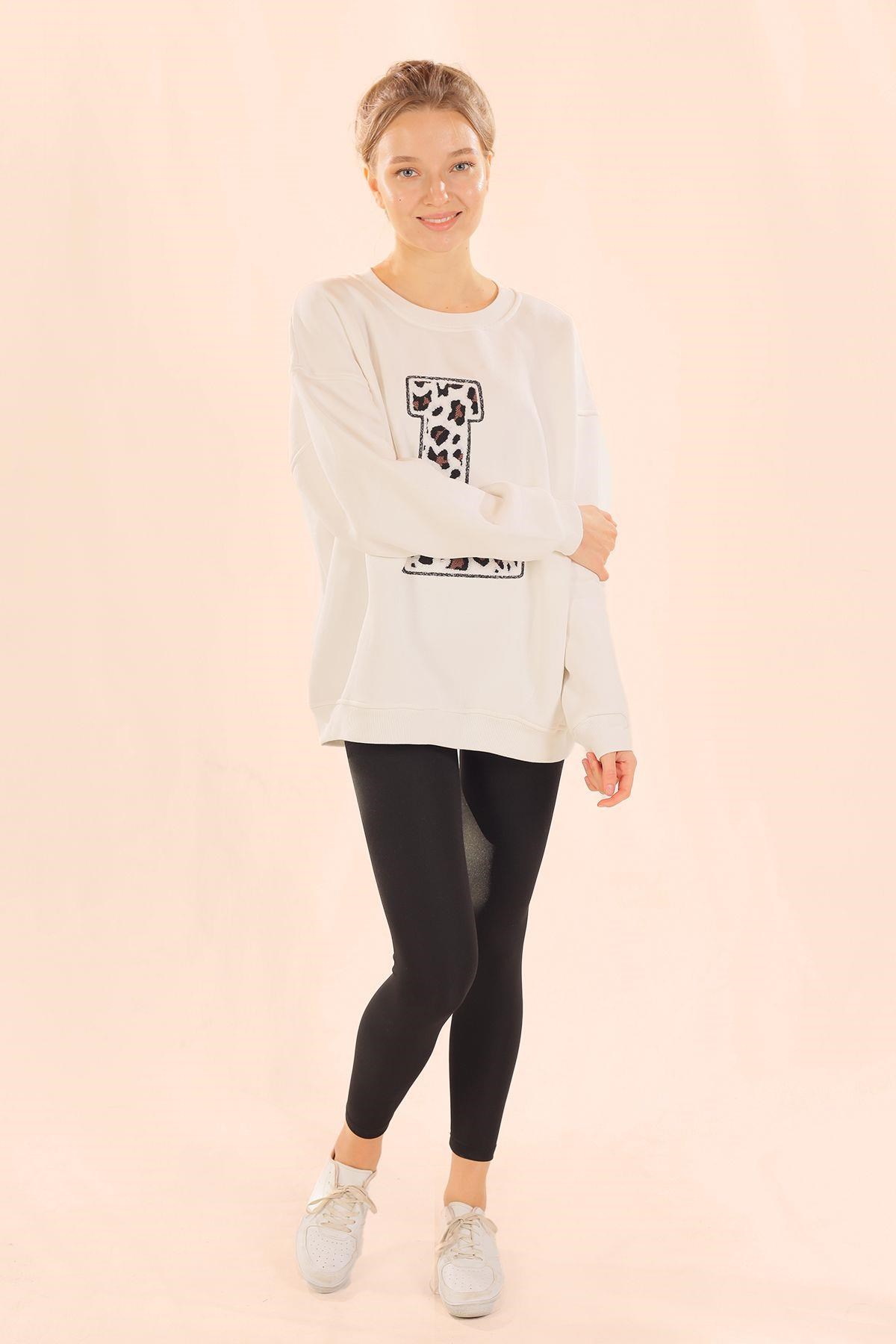 Ekru Leopar Detay Sweat 3569