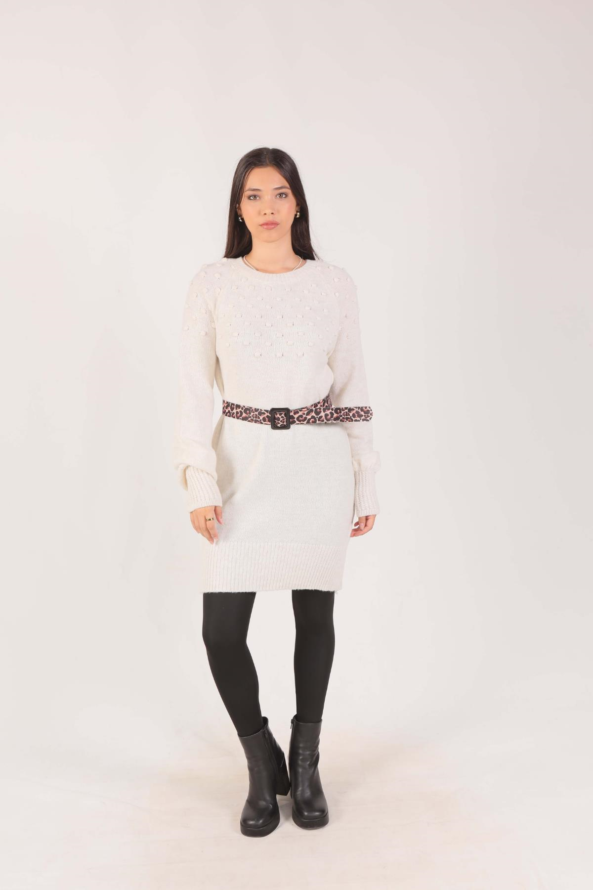 Ekru Ponponlu Triko Tunik 1105