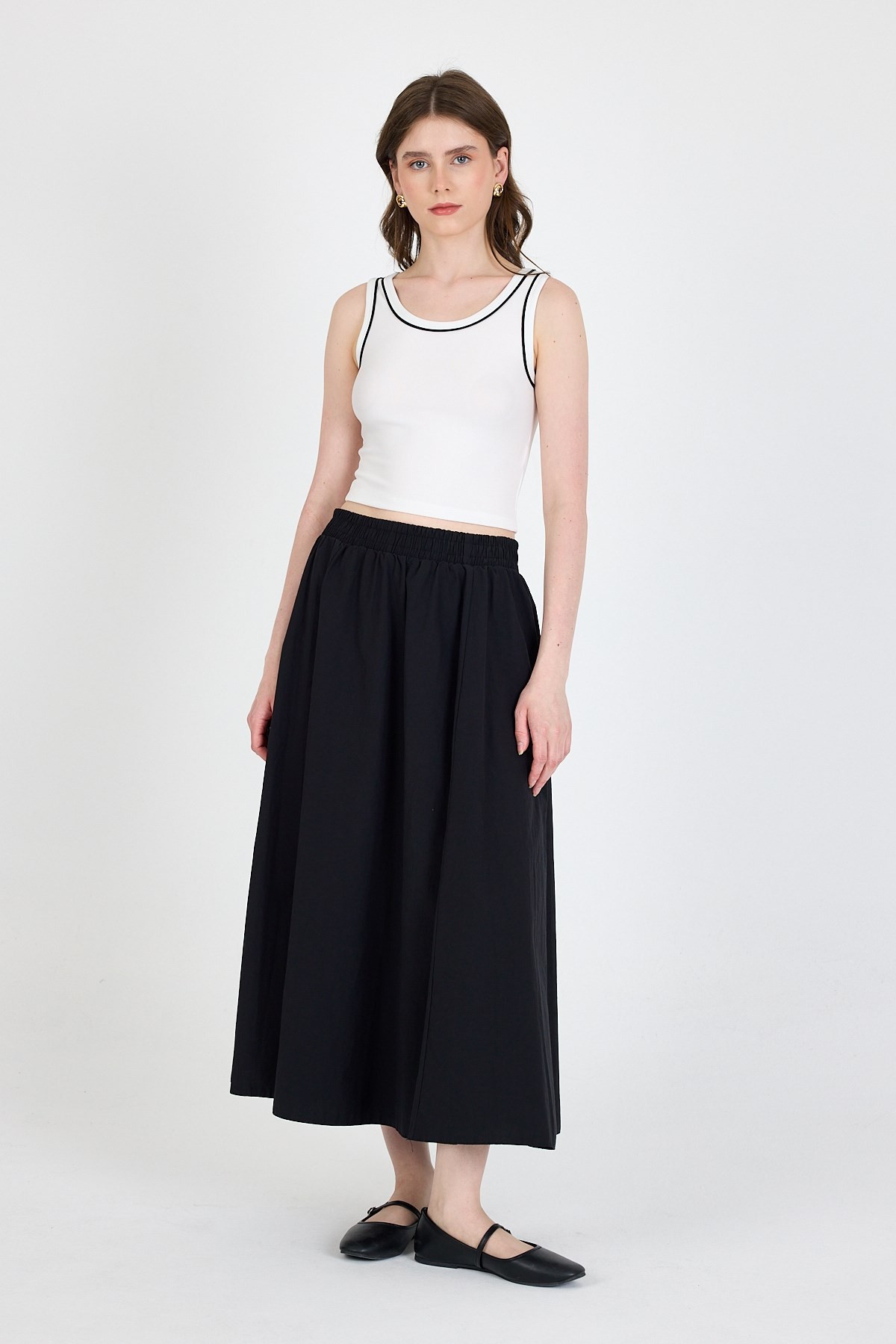 Ekru Şerit Detaylı Örme Crop Atlet 1049
