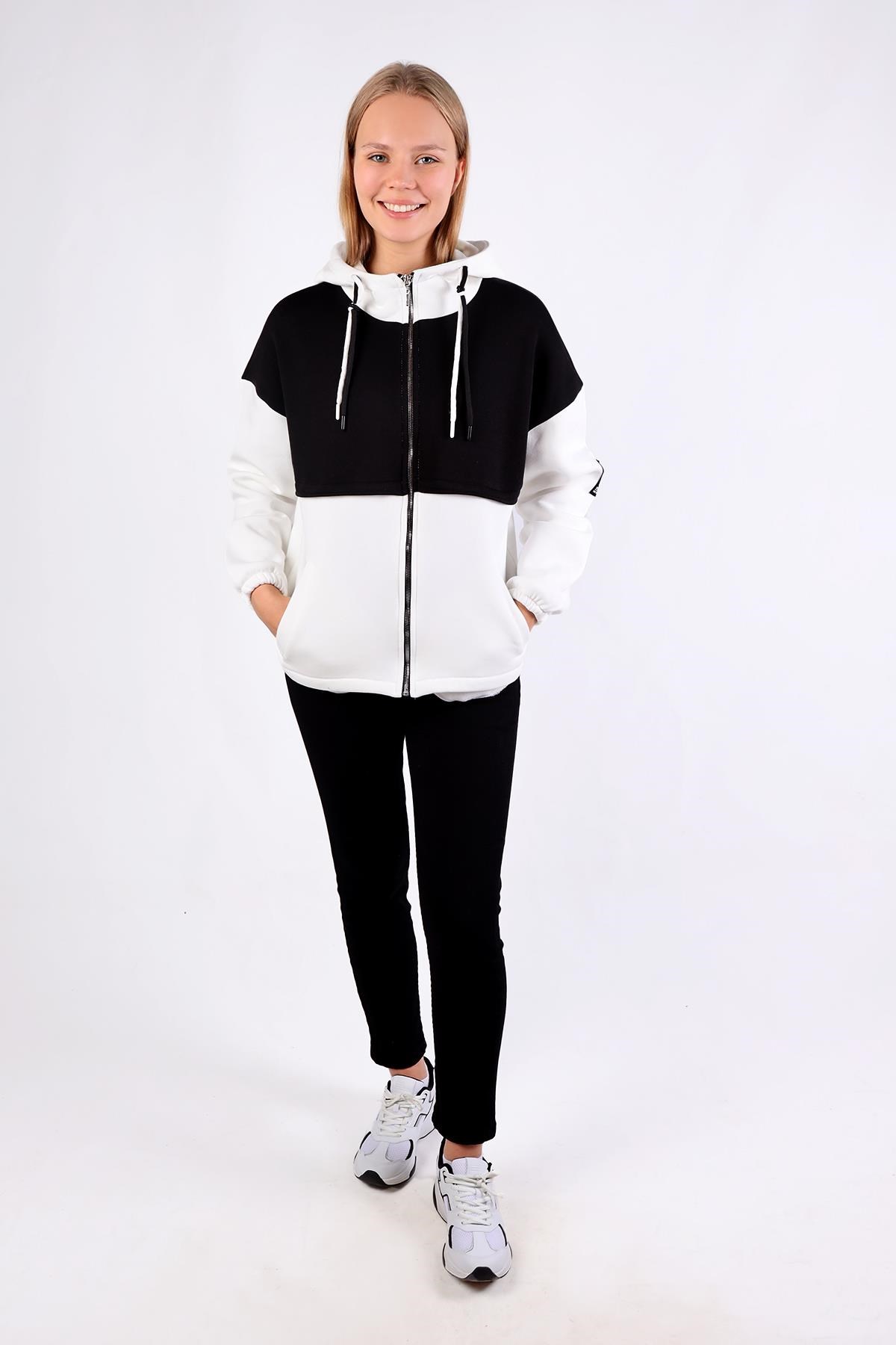 Ekru-Siyah Fermuar Detay Çift Renk Sweat 9144M
