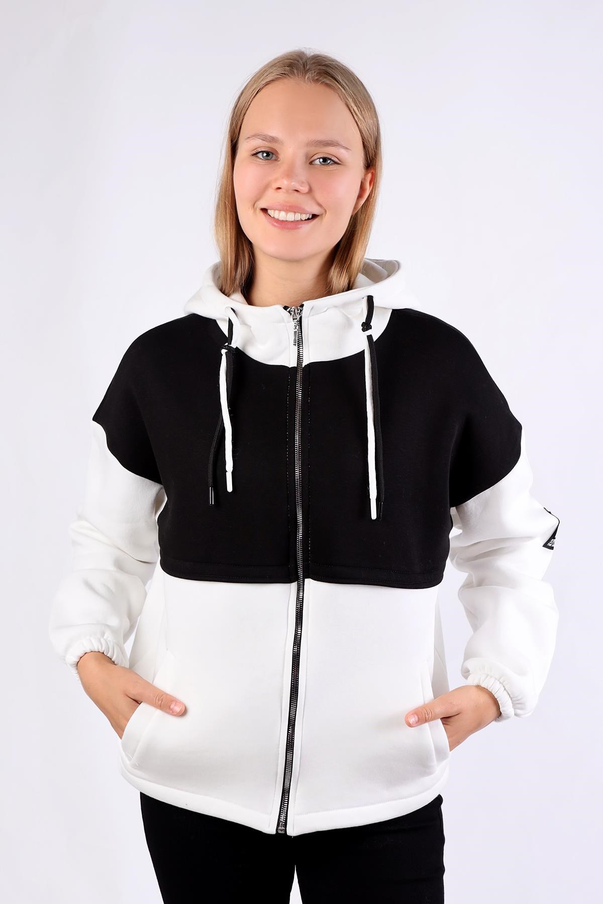 Ekru-Siyah Fermuar Detay Çift Renk Sweat 9144M