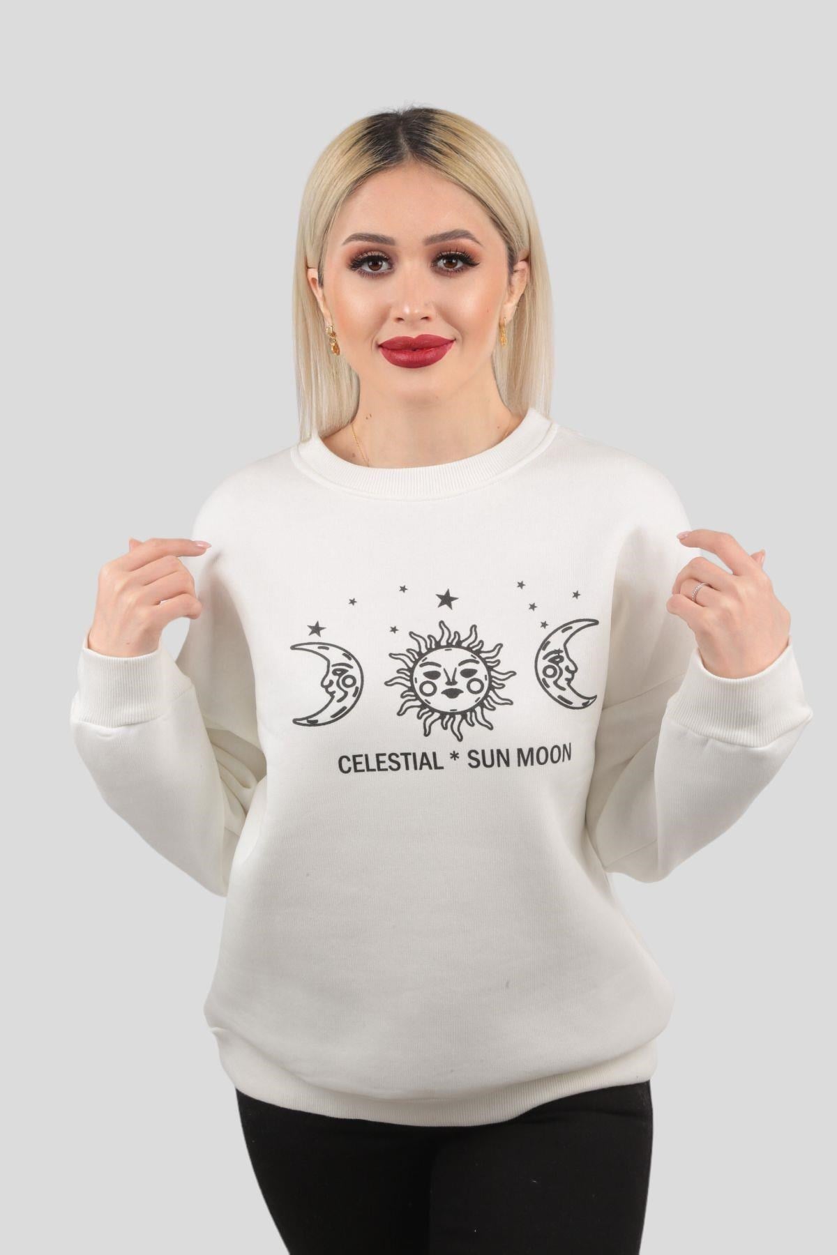 Ekru Sun Moon Baskı Sweat 9016M