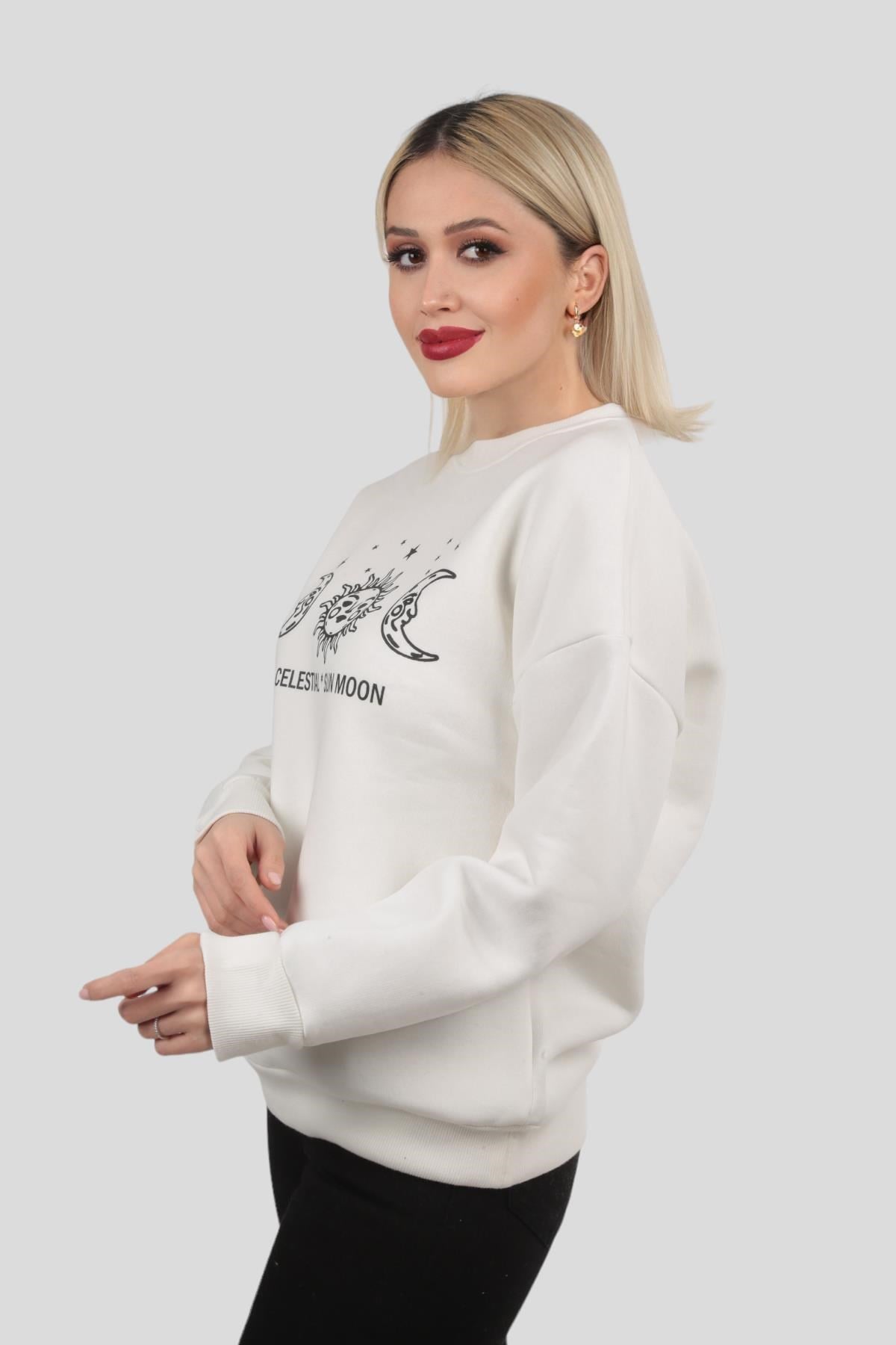 Ekru Sun Moon Baskı Sweat 9016M