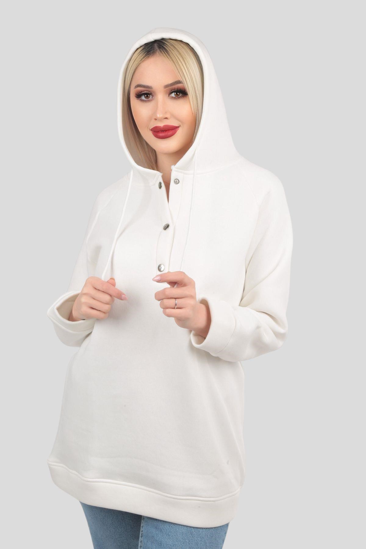 Ekru Yaka Çıtçıtlı Kapüşonlu Sweat 9020M