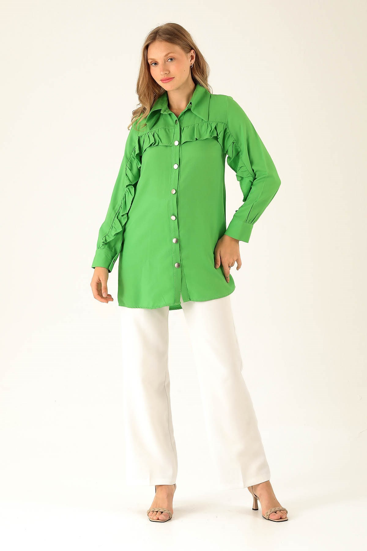 Fırfır Detay Bayan Gömlek - 6731A Benetton Yeşili