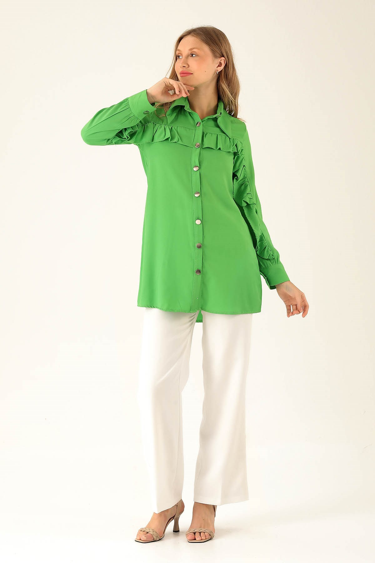 Fırfır Detay Bayan Gömlek - 6731A Benetton Yeşili