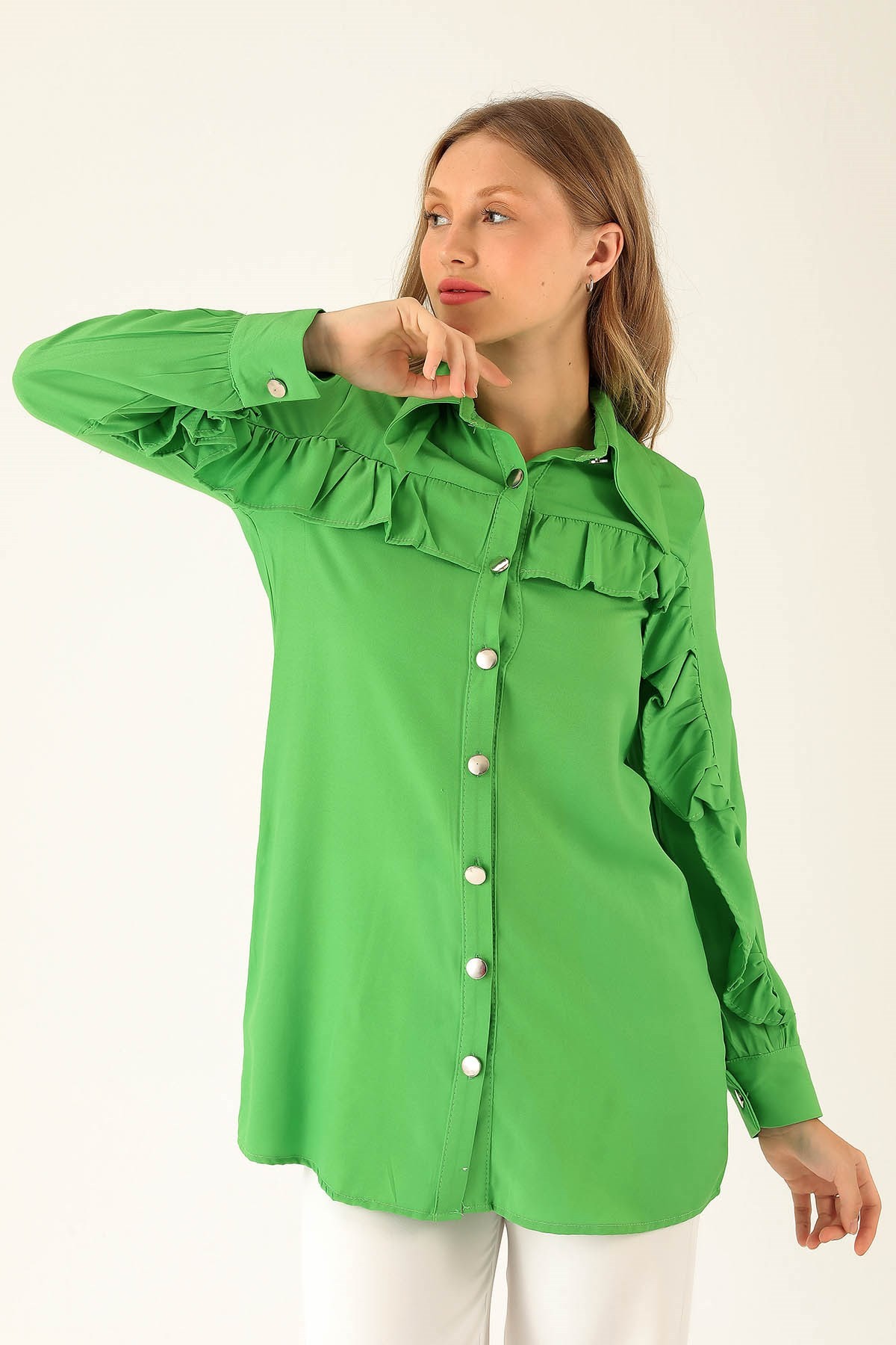 Fırfır Detay Bayan Gömlek - 6731A Benetton Yeşili