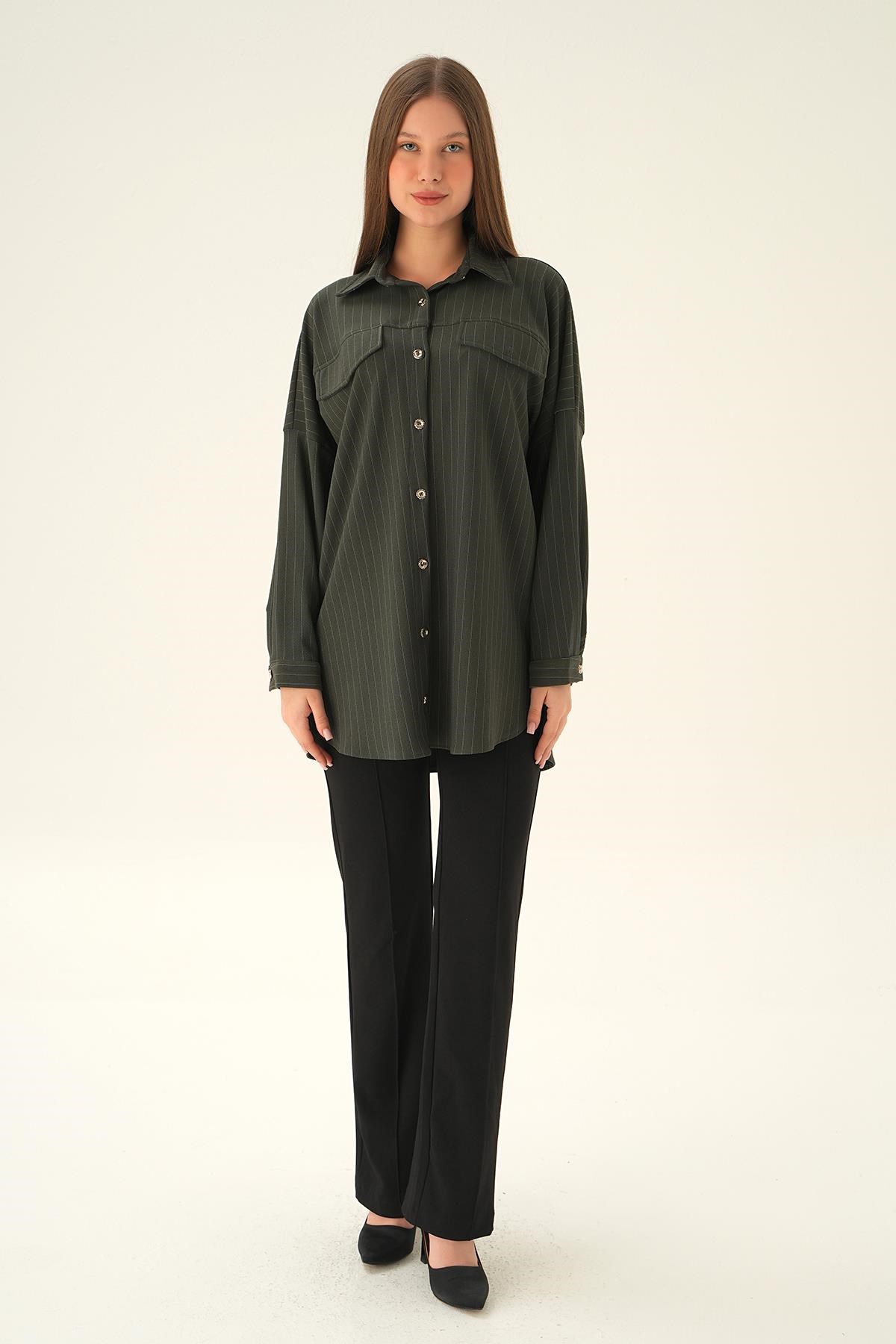 Füme Çift Cep Oversize Çizgili Gömlek 4036A