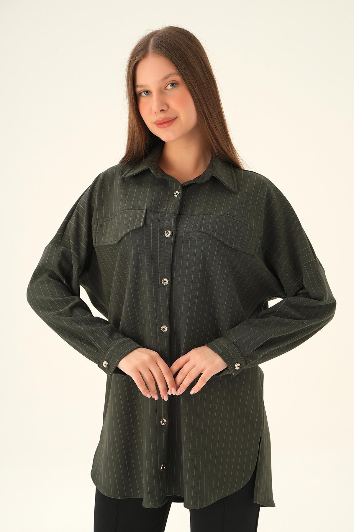 Füme Çift Cep Oversize Çizgili Gömlek 4036A