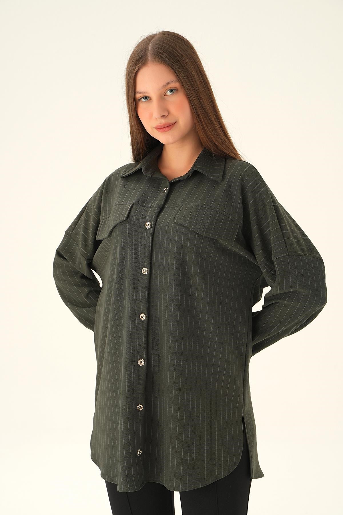 Füme Çift Cep Oversize Çizgili Gömlek 4036A