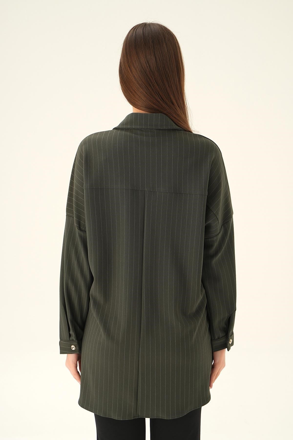 Füme Çift Cep Oversize Çizgili Gömlek 4036A