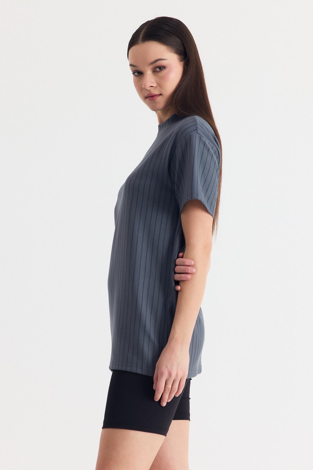 Füme Çizgili Oversize Tişört 4447A
