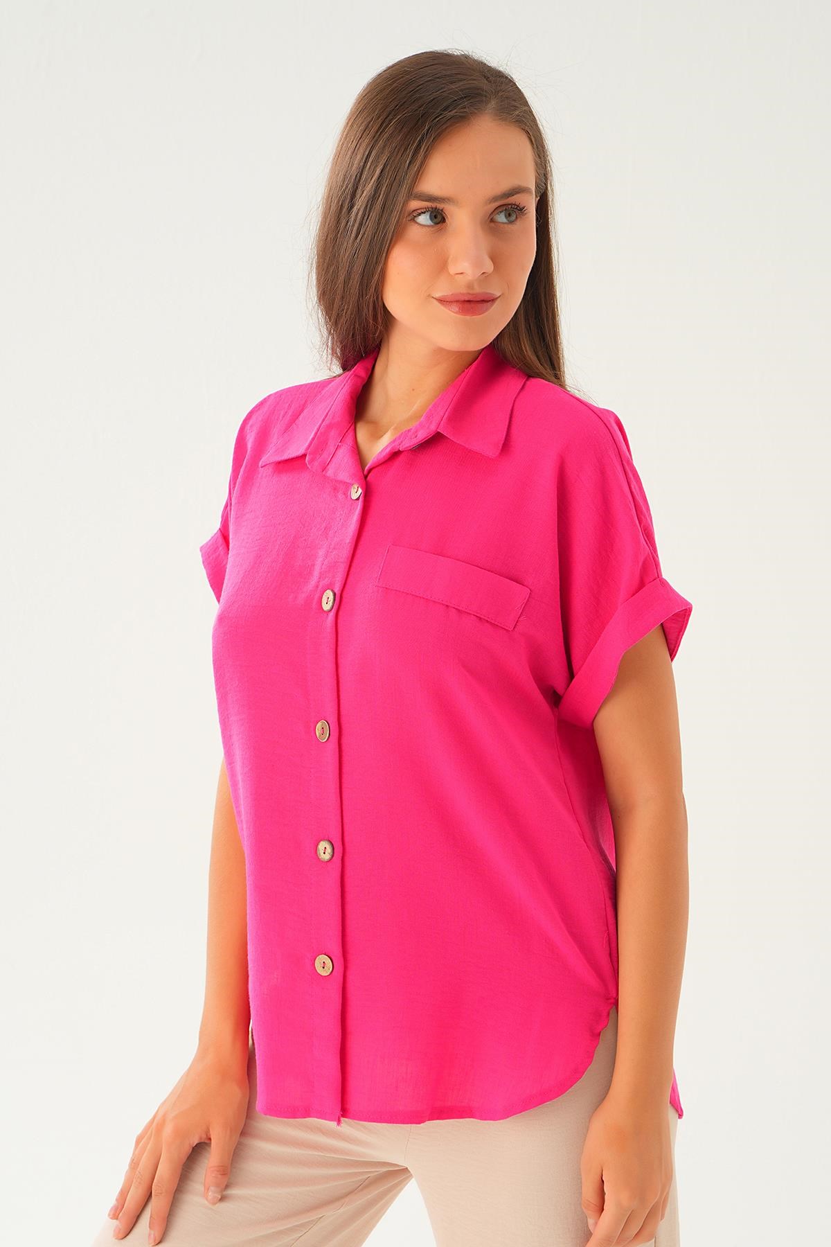 Fuşya Cep Detay Bluz 108801-1