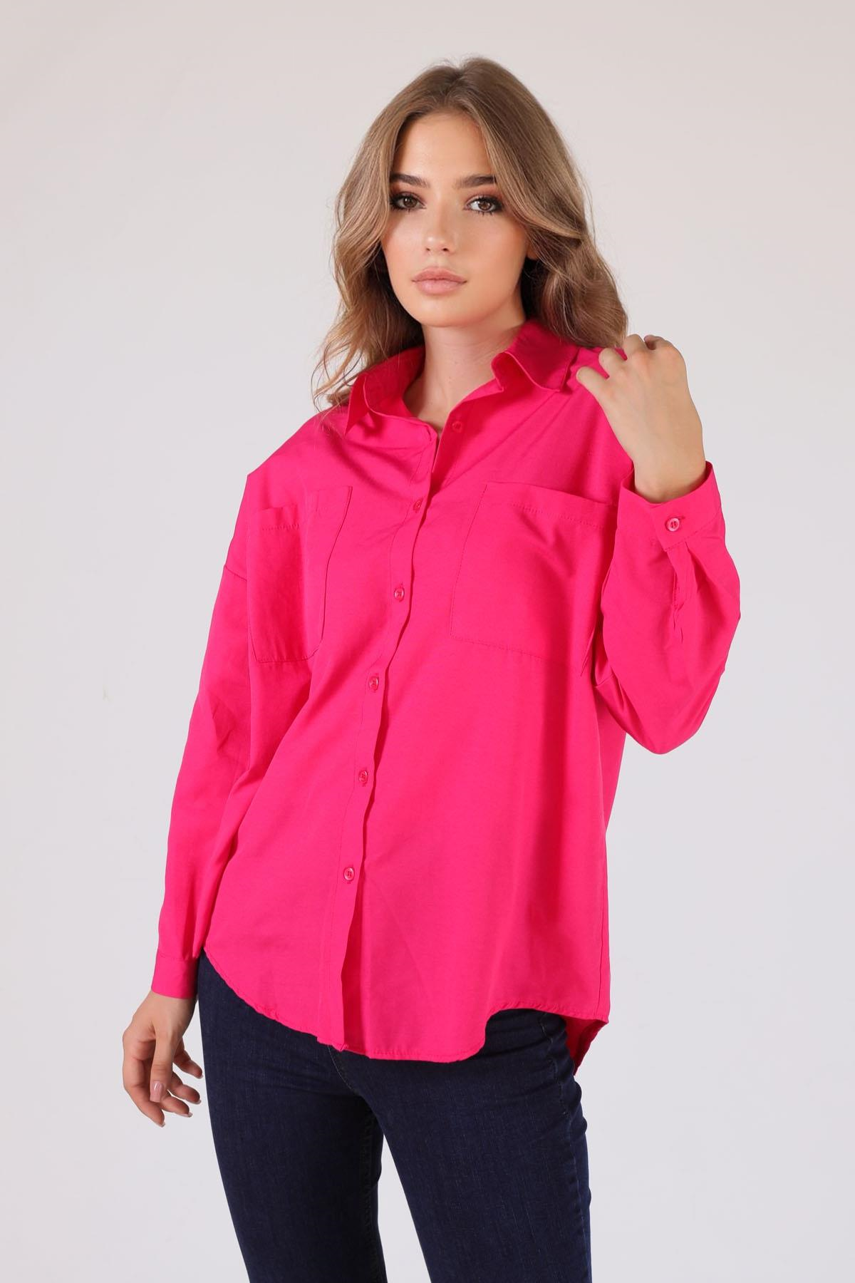 Fuşya Çift Cepli Oversize Uzun Basic Gömlek TCR 6256A