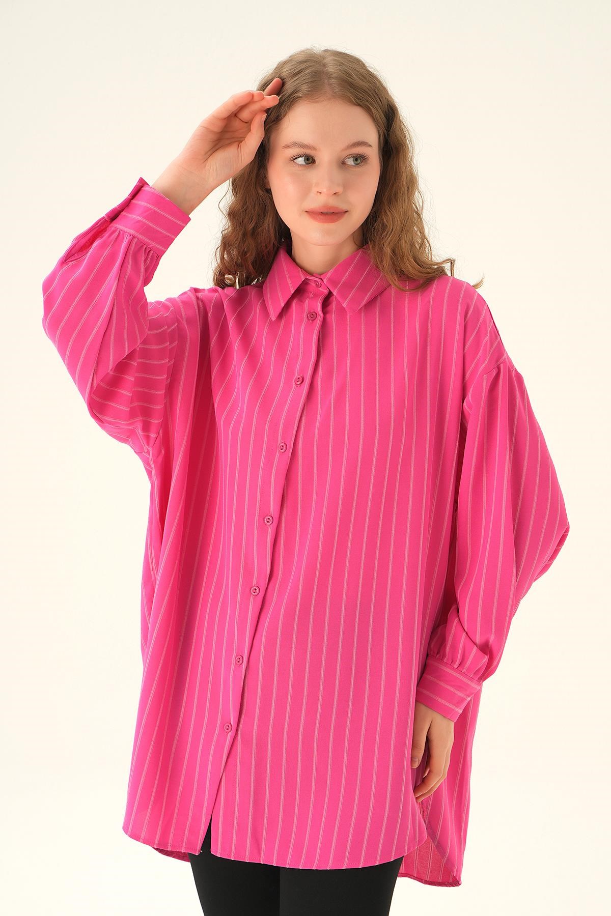 Fuşya Çizgili Oversize Gömlek 4013A