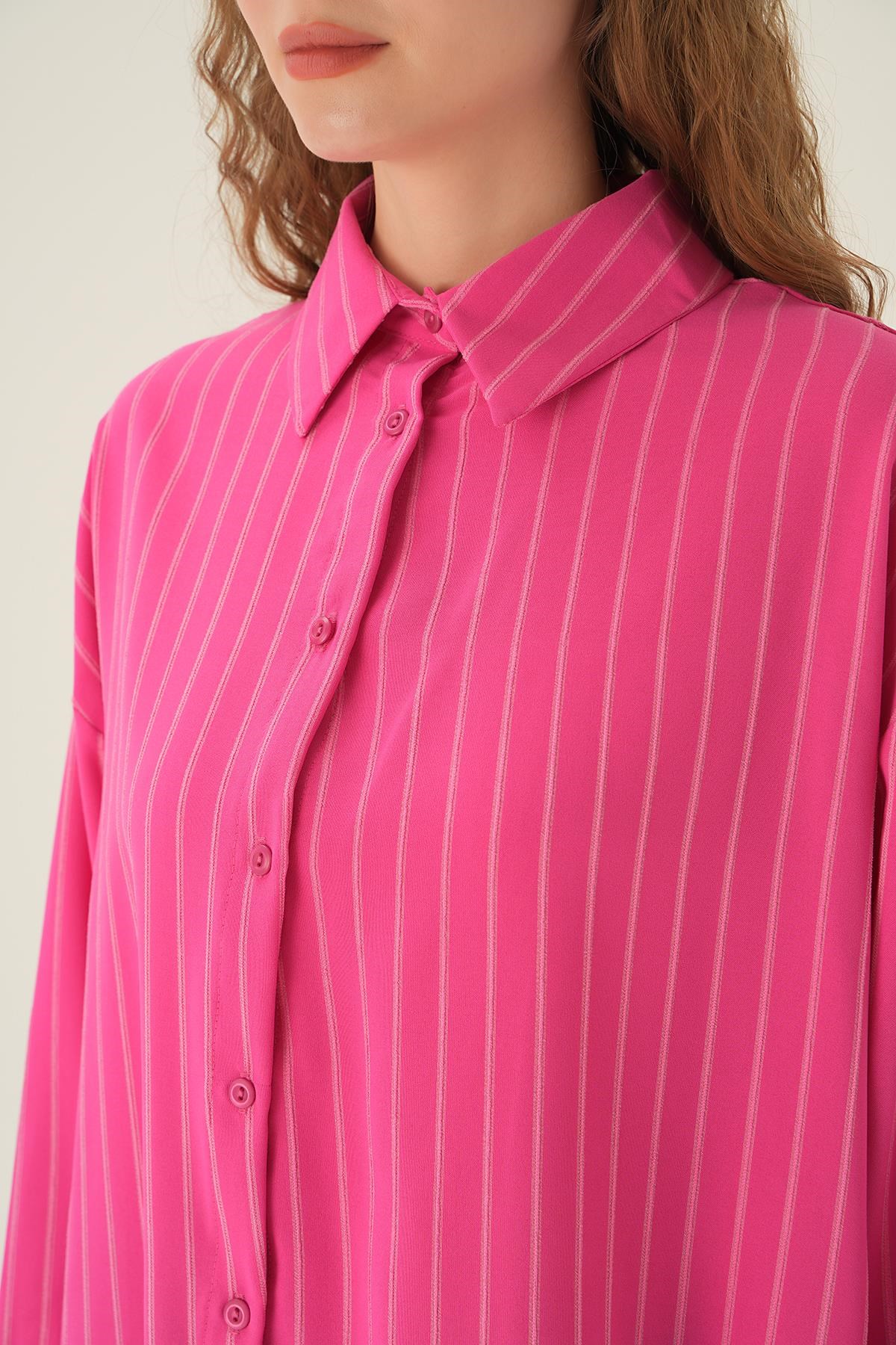 Fuşya Çizgili Oversize Gömlek 4013A