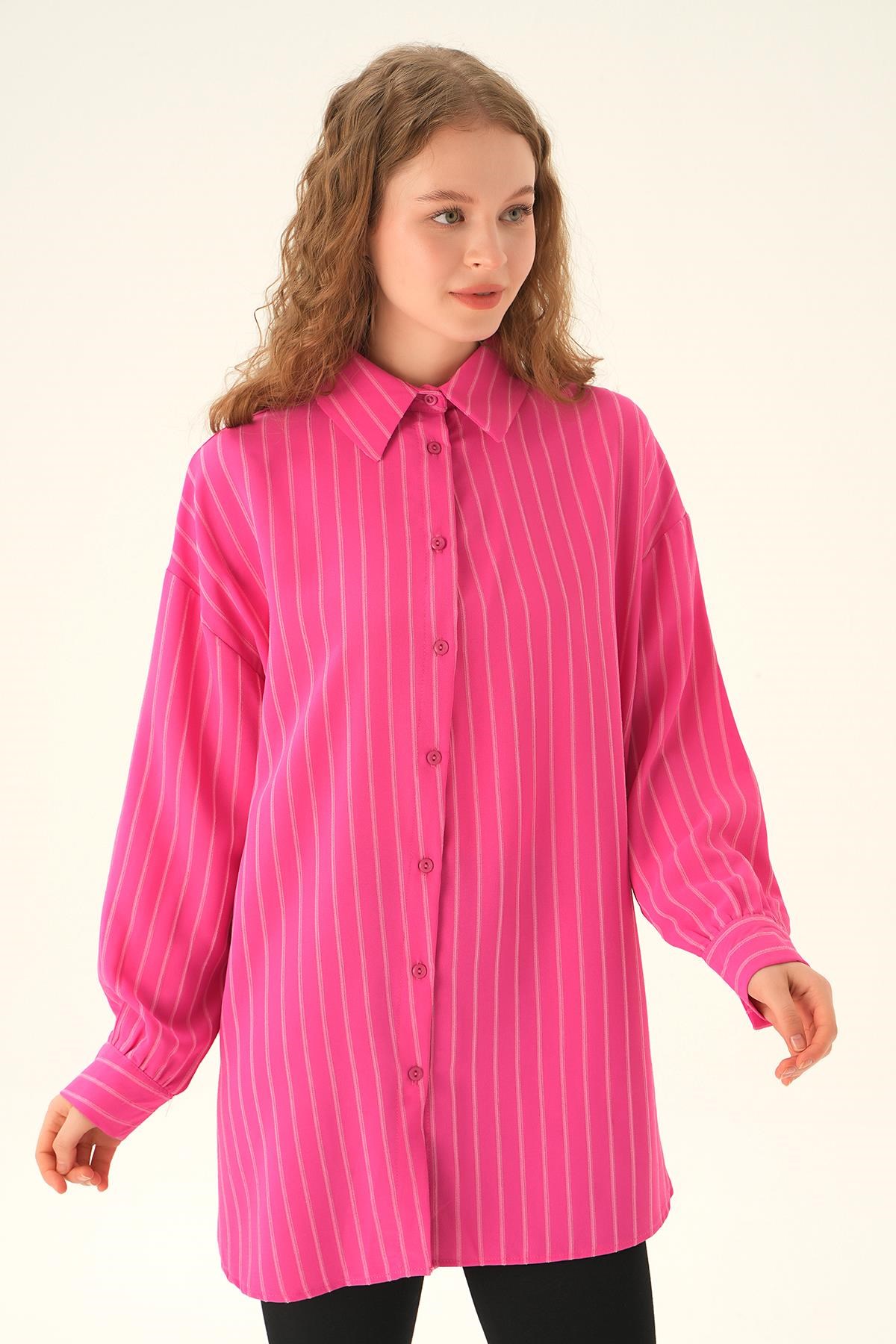Fuşya Çizgili Oversize Gömlek 4013A