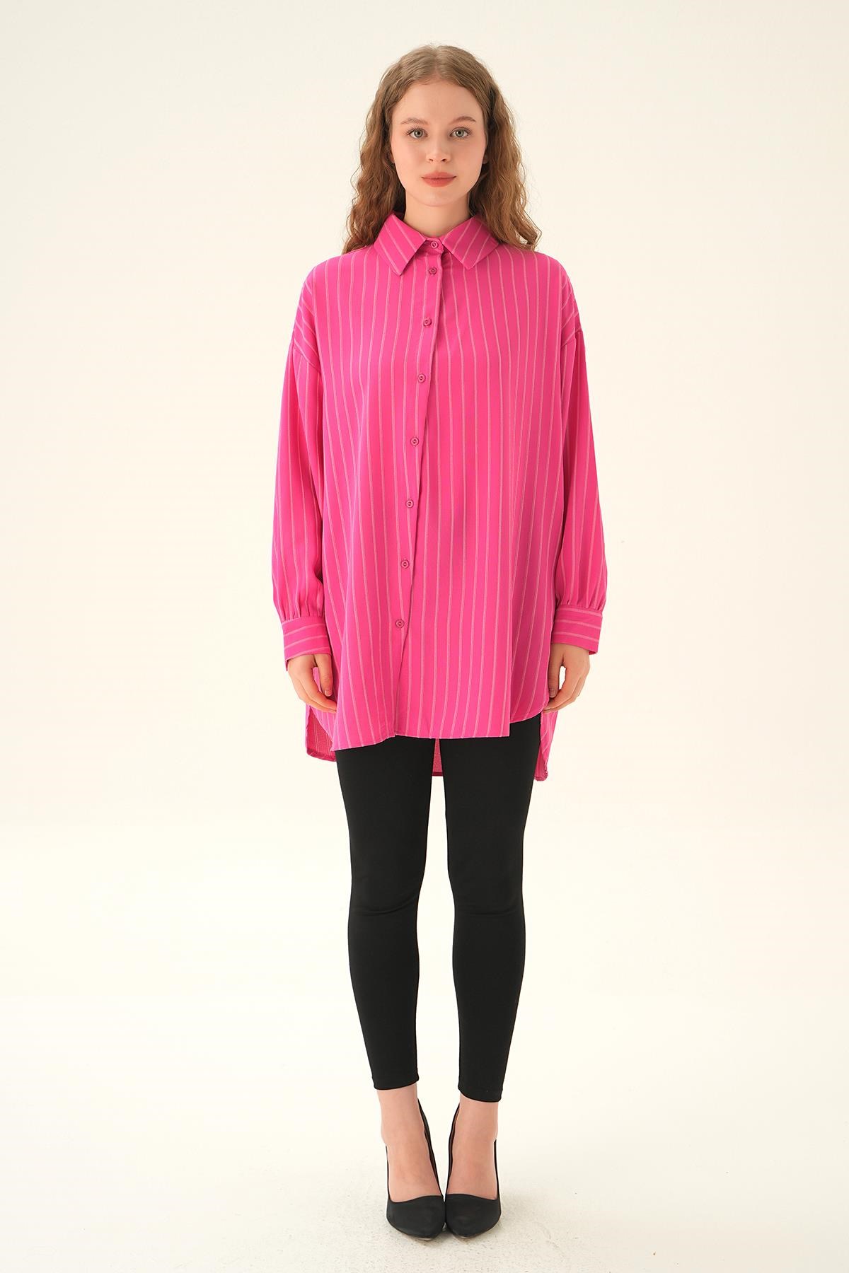 Fuşya Çizgili Oversize Gömlek 4013A