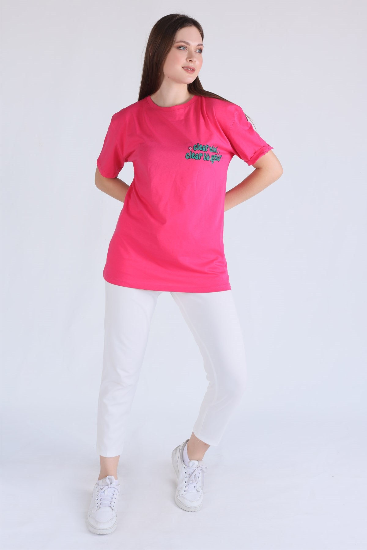 Fuşya Clear Mind Oversize Tişört 5146