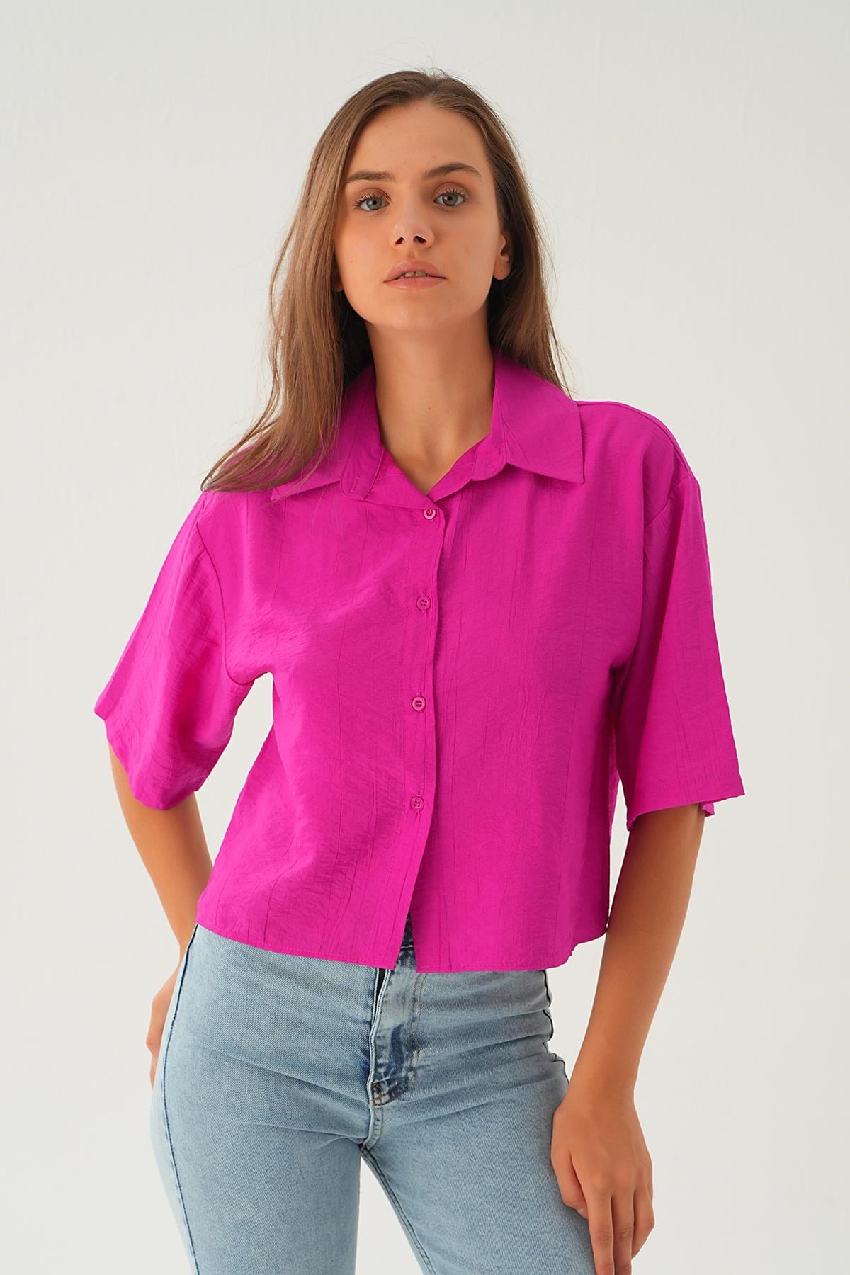 Fuşya Oversize Kısa Gömlek 4159A
