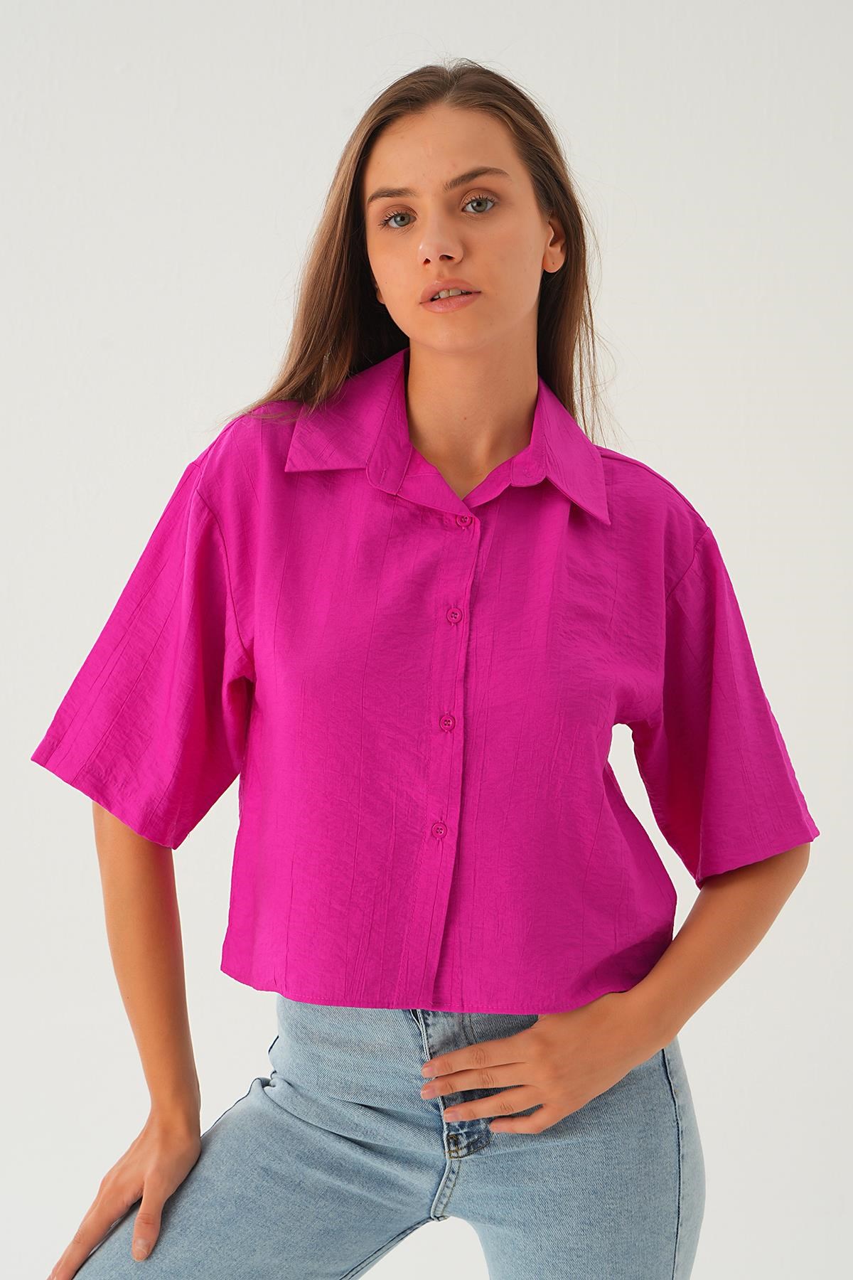 Fuşya Oversize Kısa Gömlek 4159A