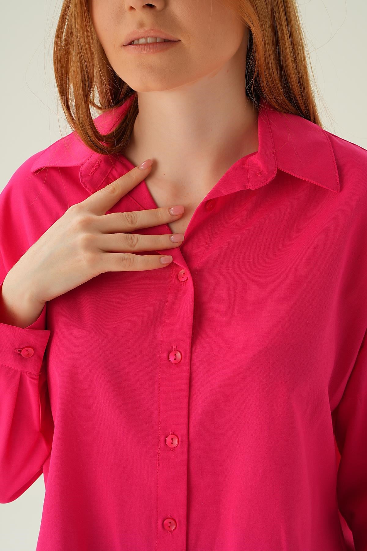 Fuşya Relaxed Fit Rahat Kesim Basic Gömlek - 6621A