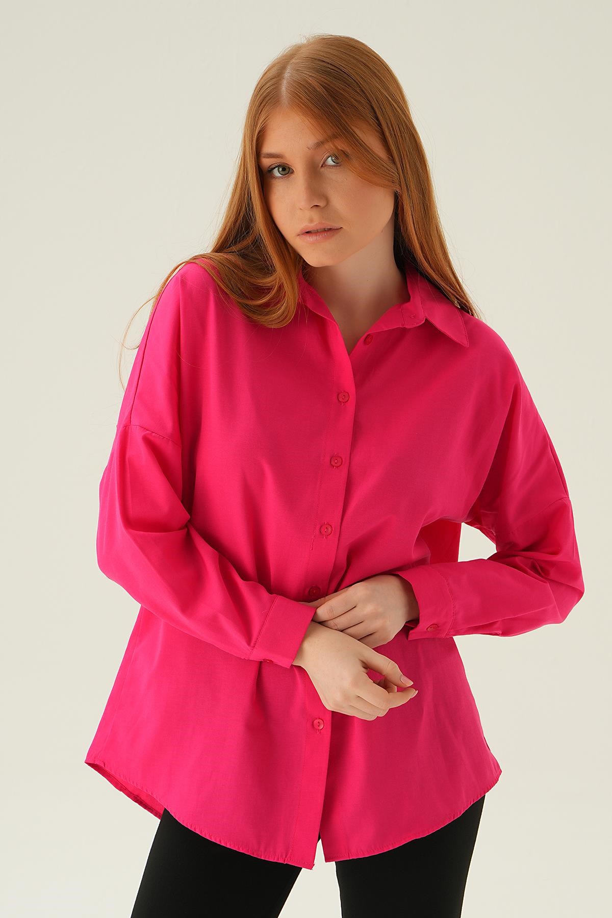 Fuşya Relaxed Fit Rahat Kesim Basic Gömlek - 6621A
