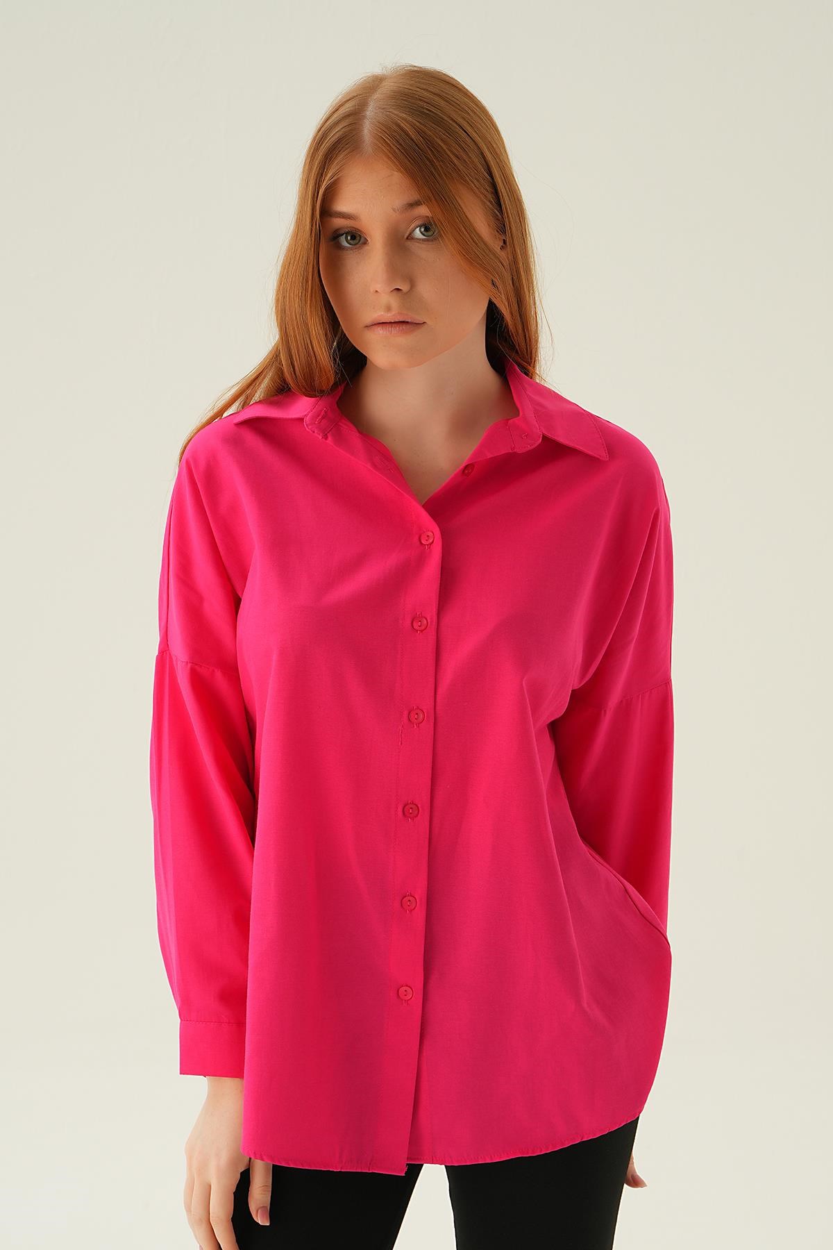 Fuşya Relaxed Fit Rahat Kesim Basic Gömlek - 6621A