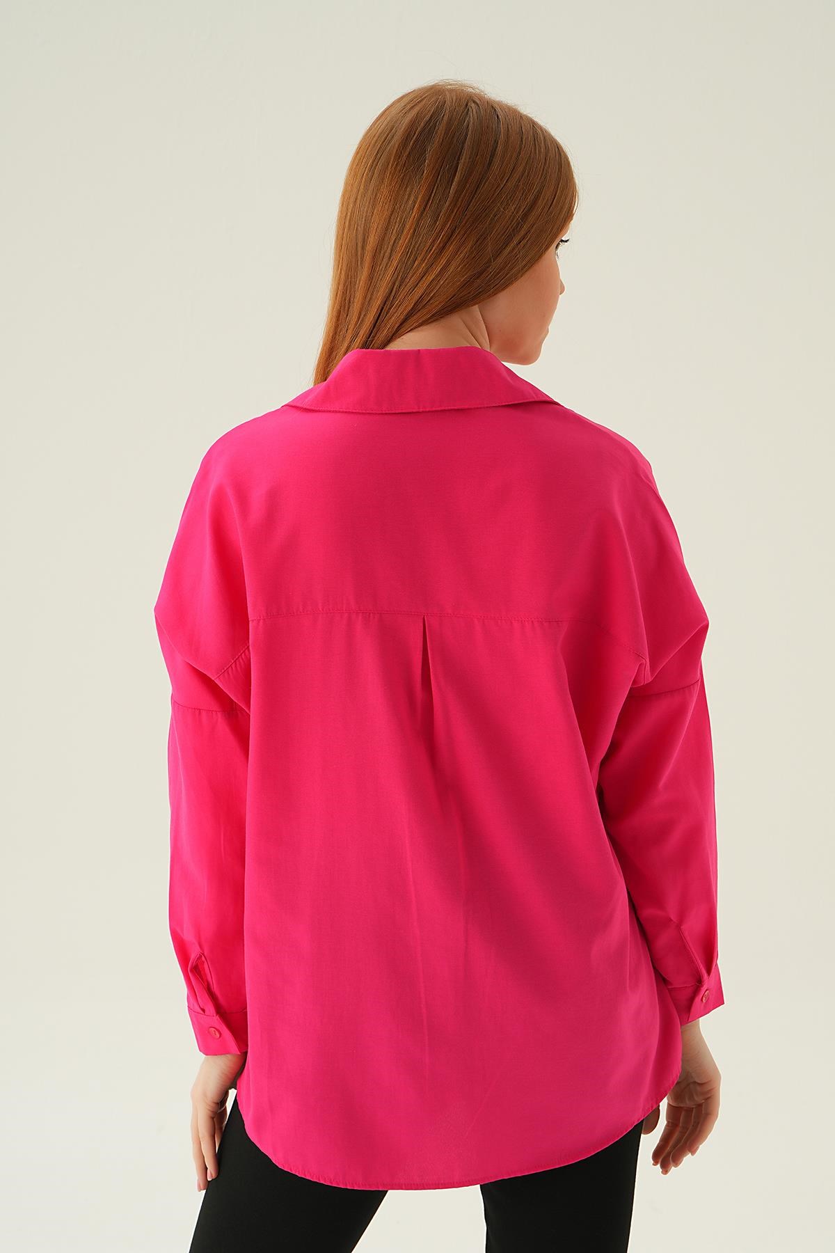 Fuşya Relaxed Fit Rahat Kesim Basic Gömlek - 6621A