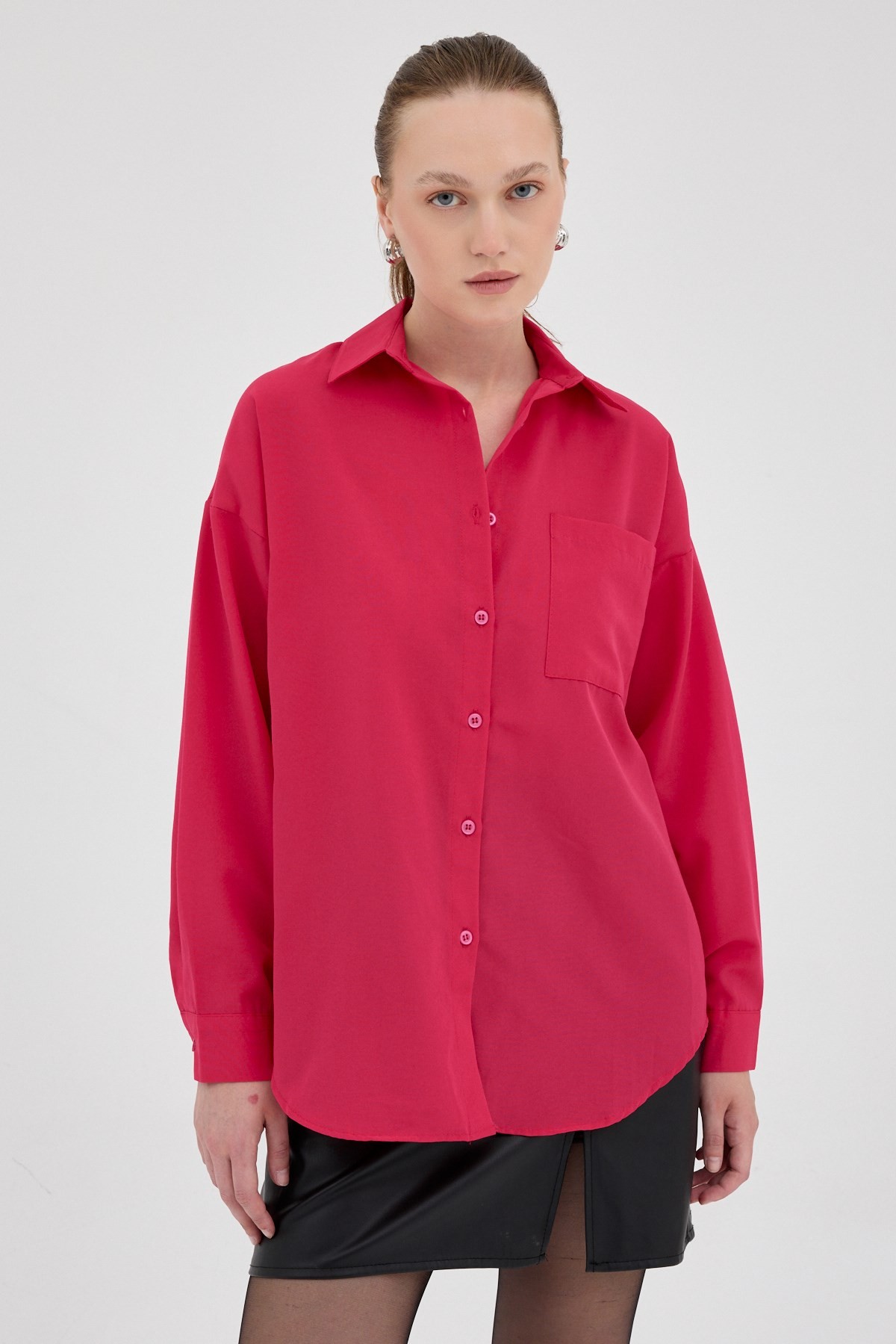Fuşya Tek Cepli Oversize Gömlek 8158A