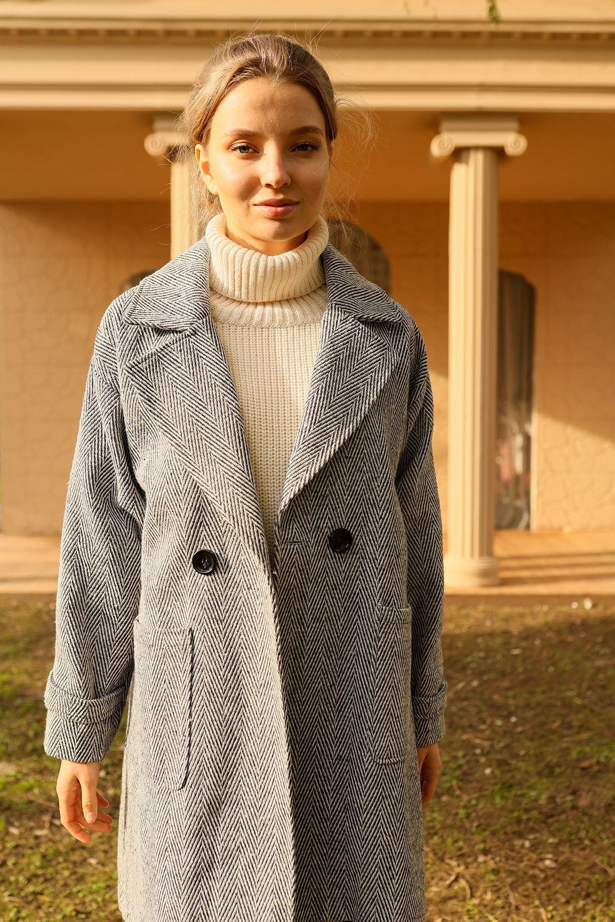 Gri Çift Düğme Oversize Kaban 3554