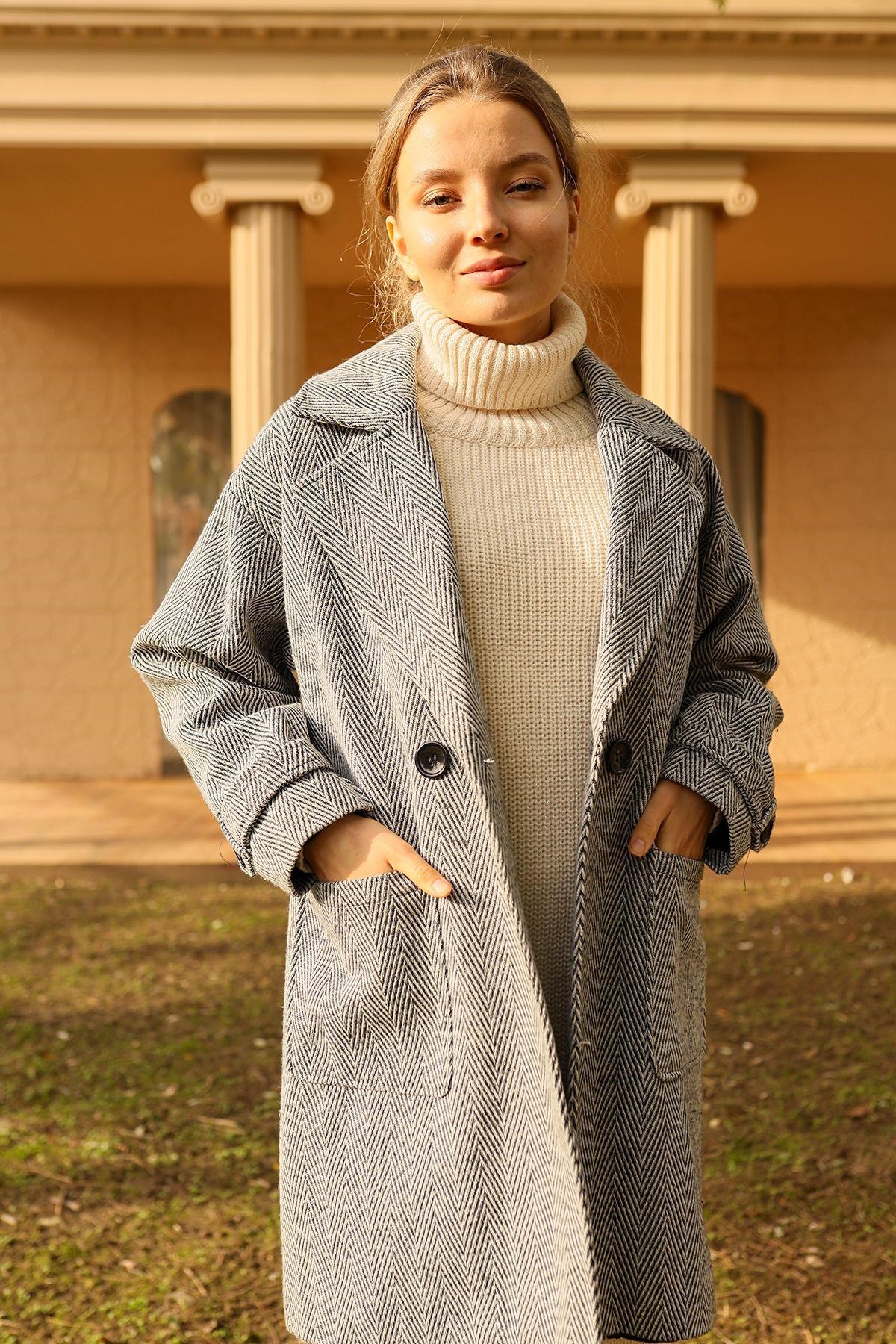 Gri Çift Düğme Oversize Kaban 3554