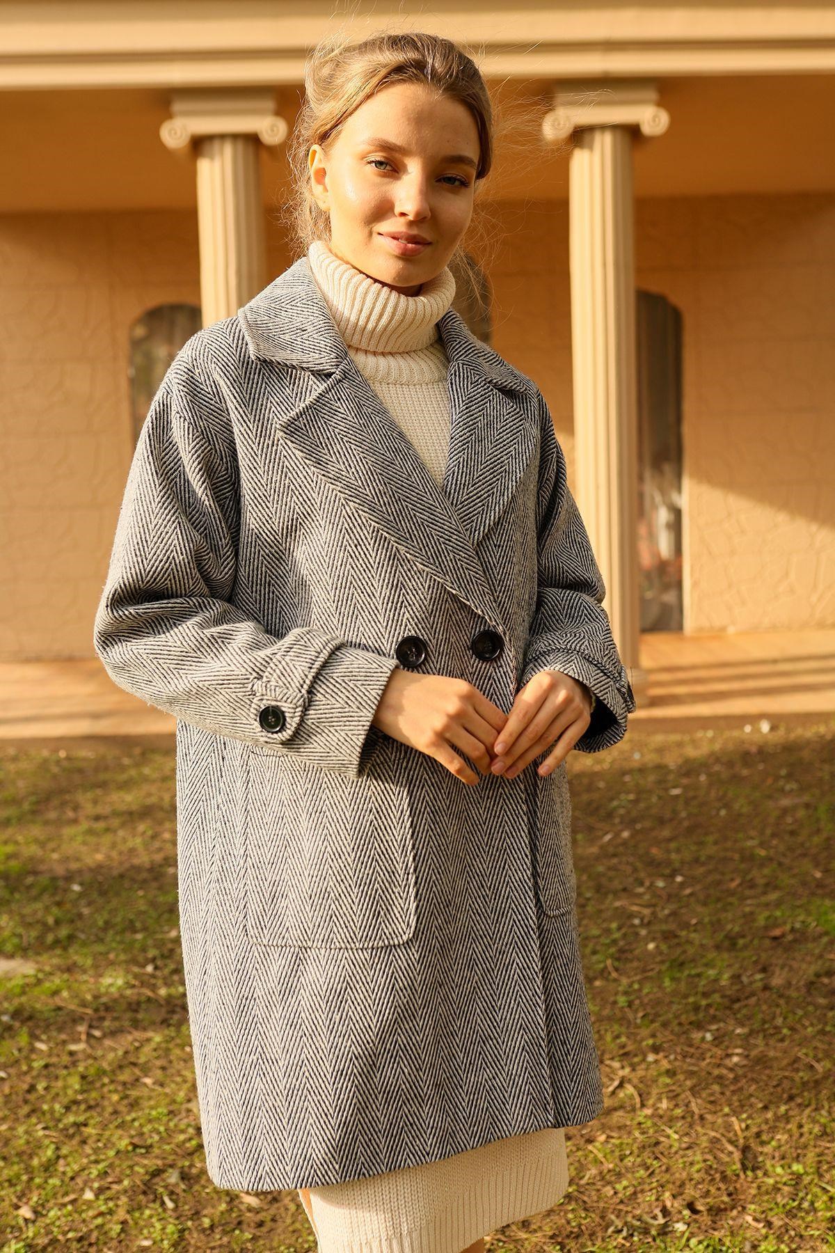 Gri Çift Düğme Oversize Kaban 3554