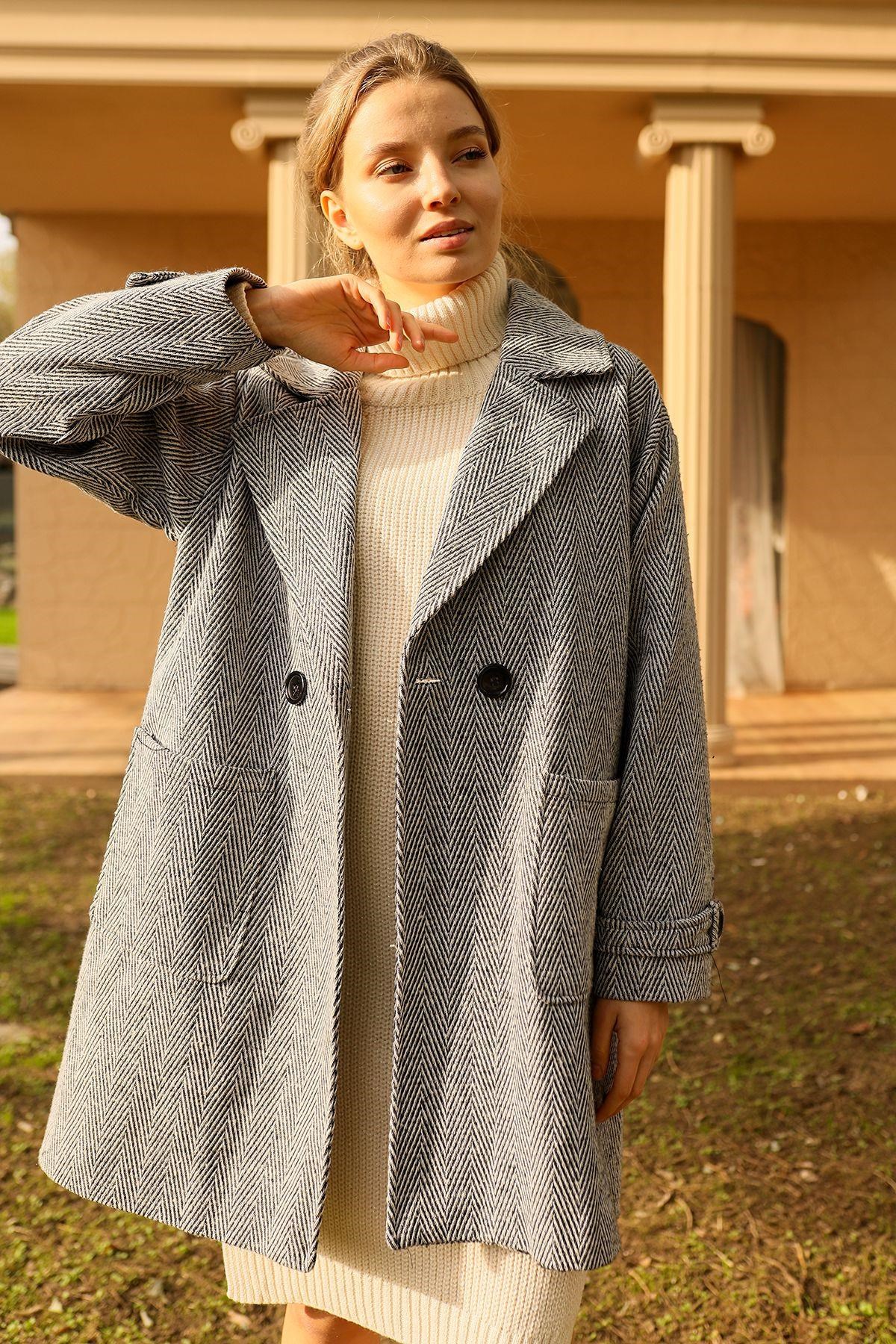 Gri Çift Düğme Oversize Kaban 3554