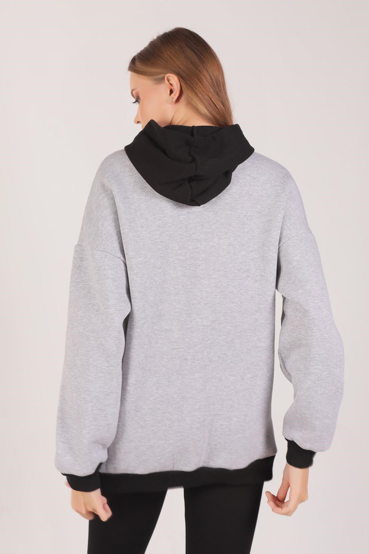 Gri Complex Baskı Kapüşonlu Sweat 8143M