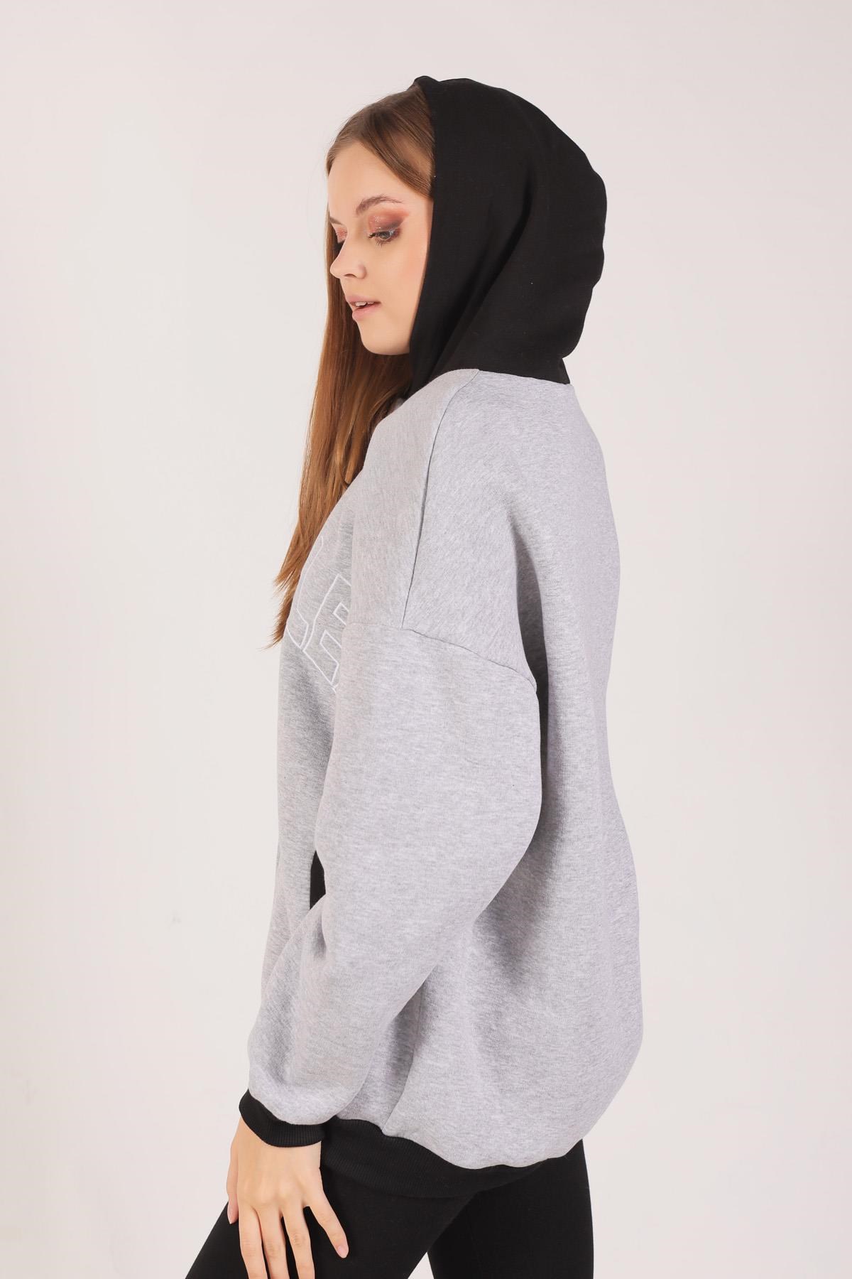 Gri Complex Baskı Kapüşonlu Sweat 8143M