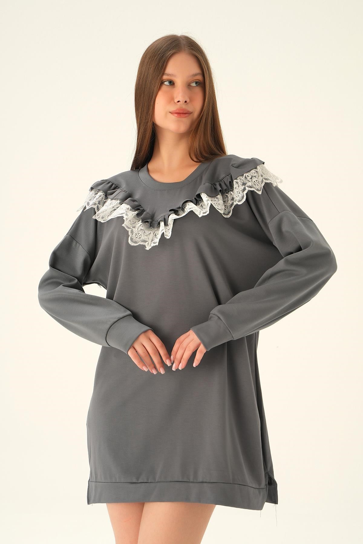 Gri Dantel Detay Tunik 15822