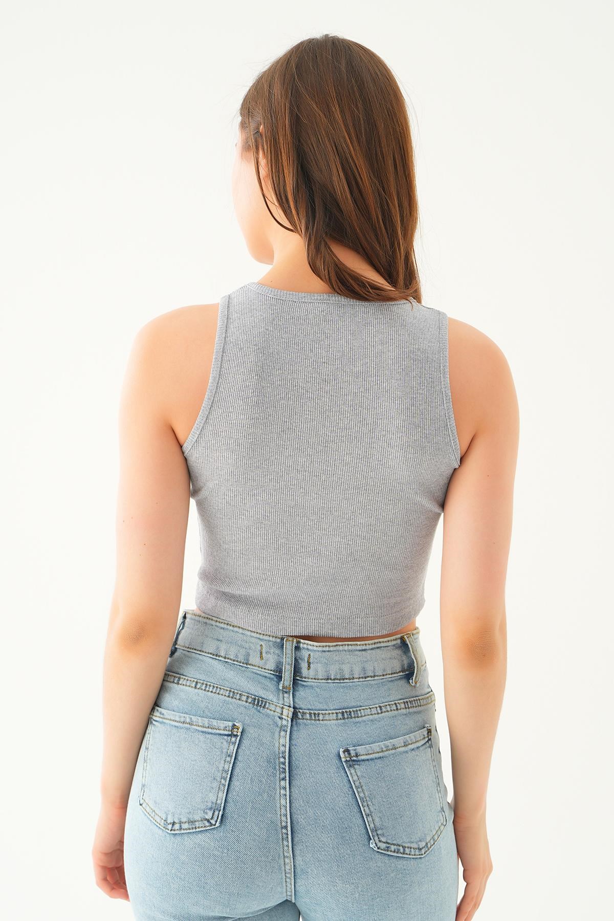Gri Fitilli Crop Kadın Atlet 1312