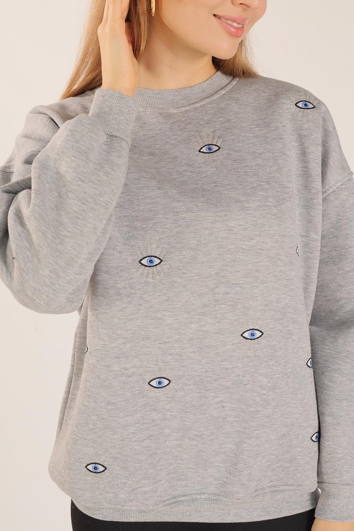 Gri Göz Nakışlı Oversize Sweat 1543