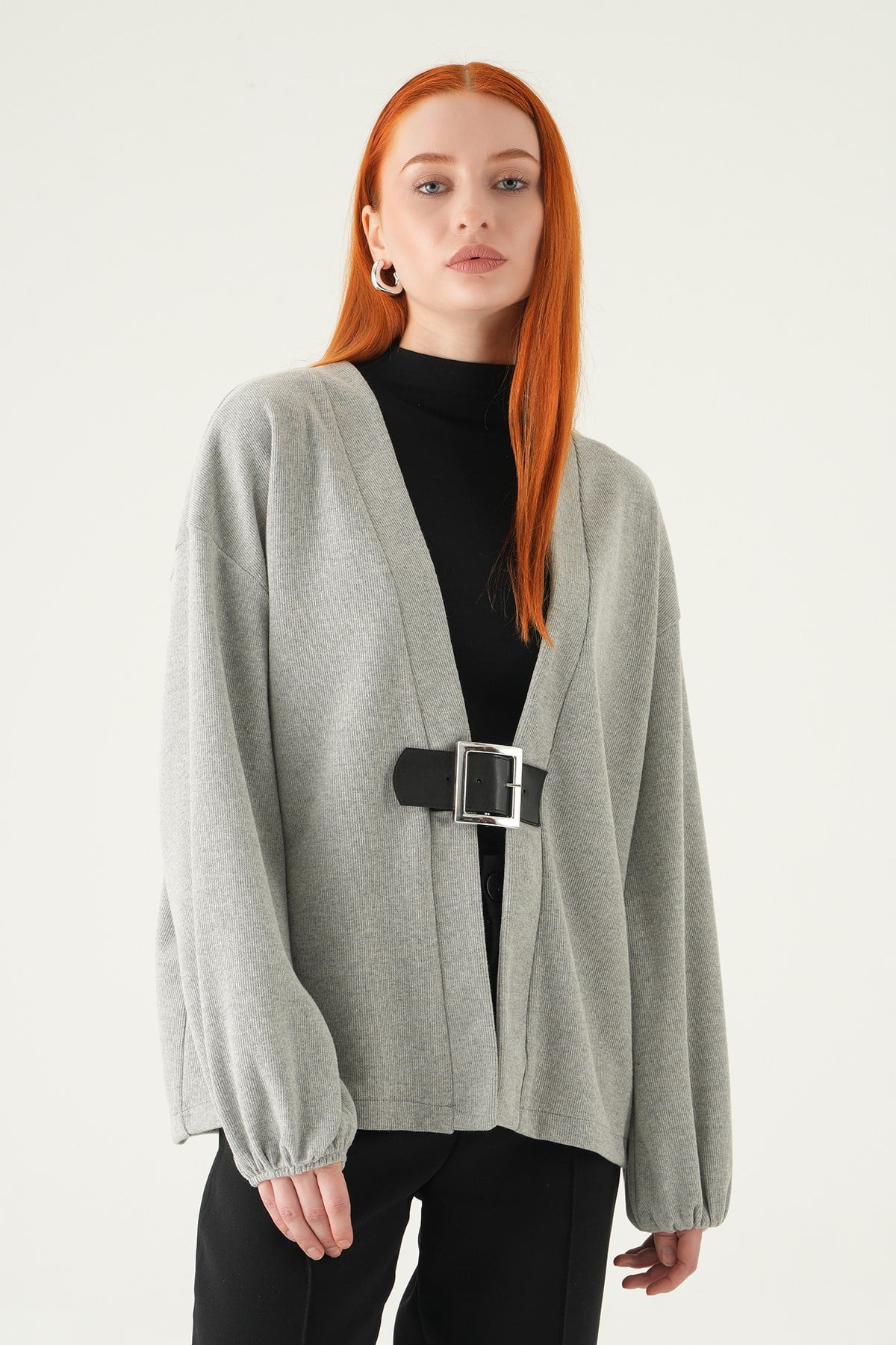 Gri Önden Kemerli Kimono 3123A