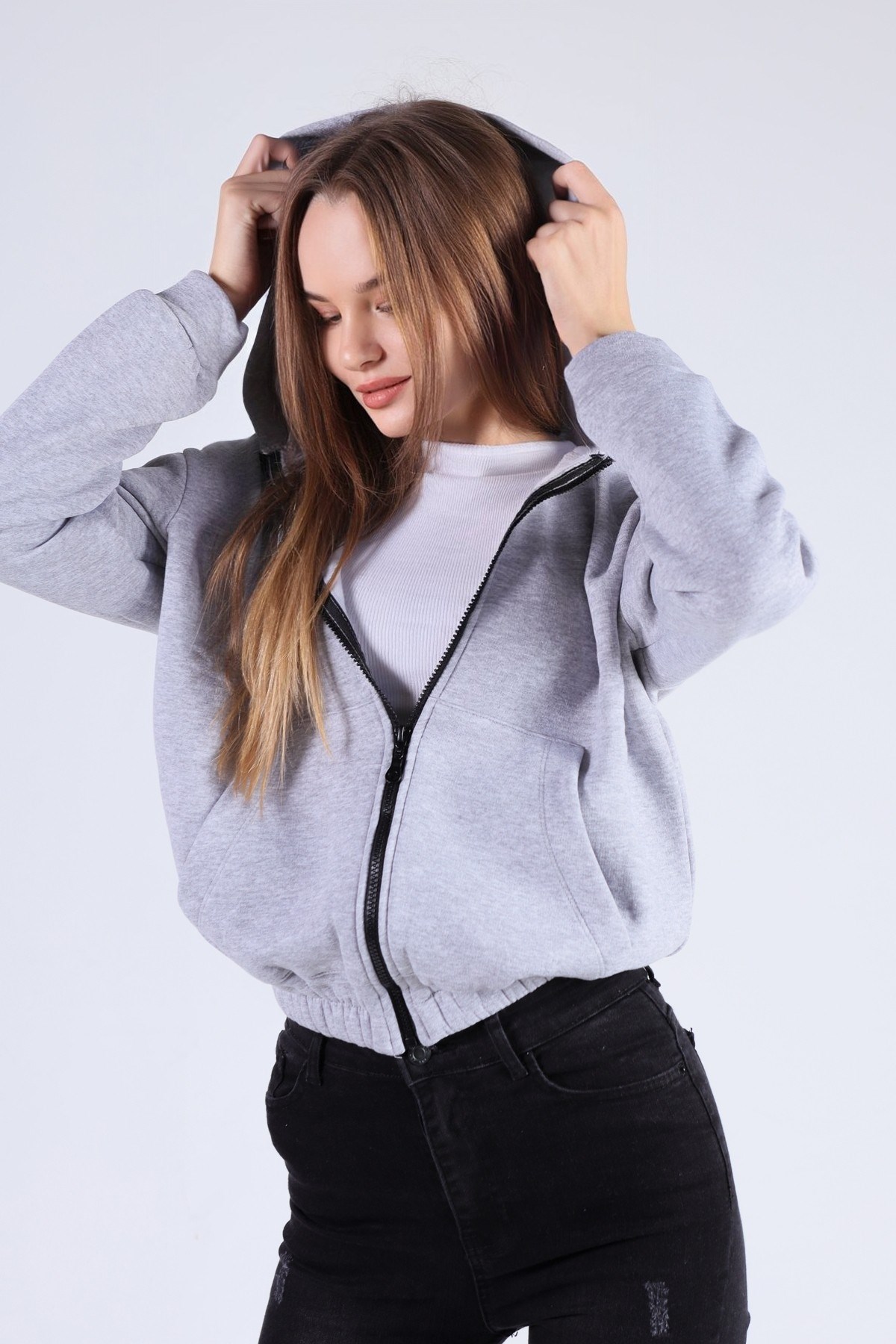 Gri Oversize Fermuarlı Sweat 8125M