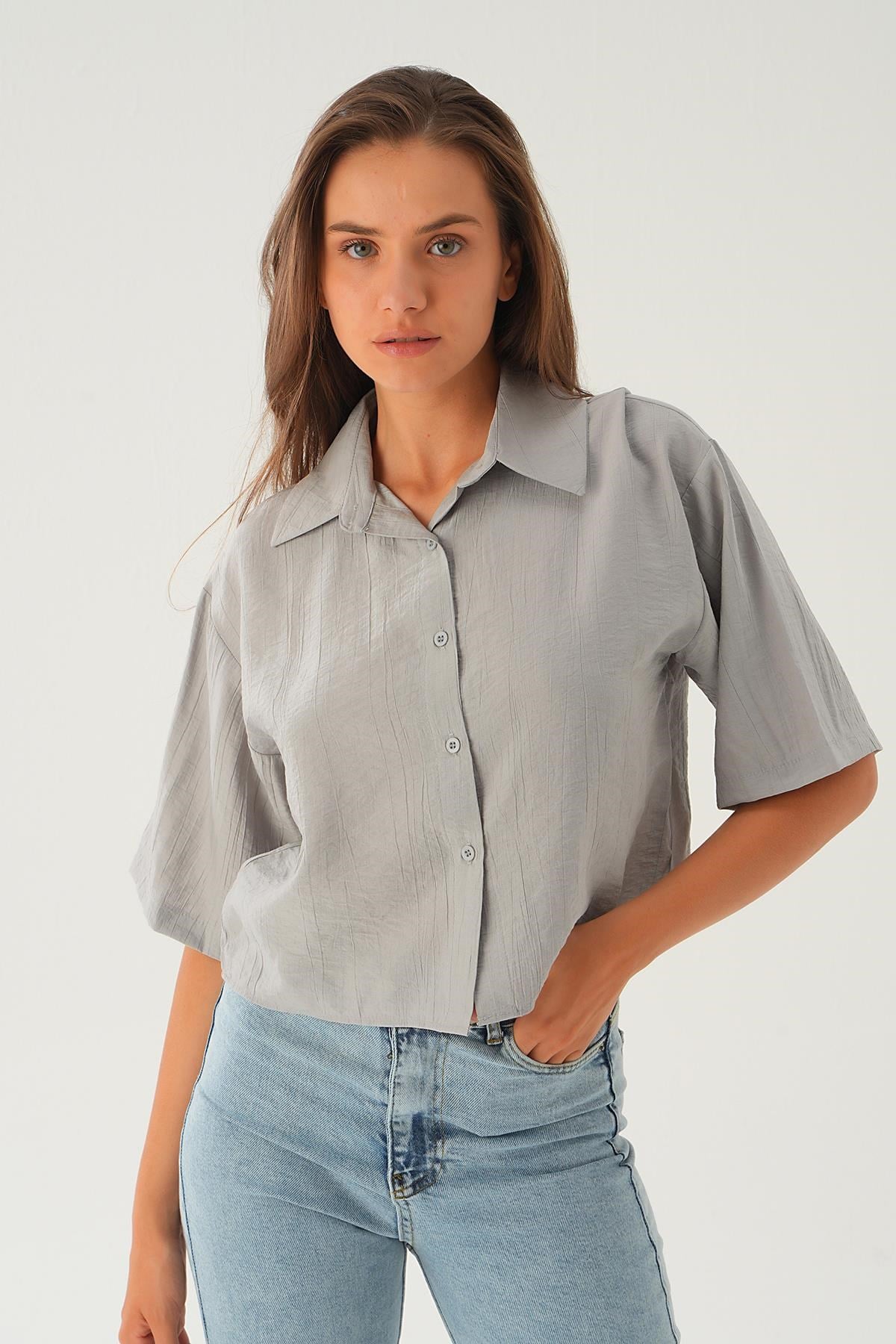 Gri Oversize Kısa Gömlek 4159A