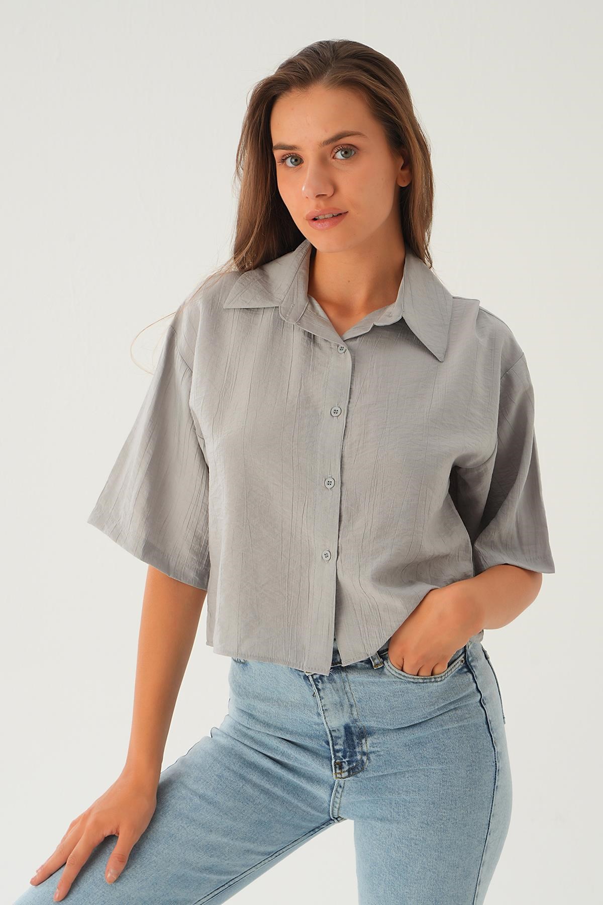 Gri Oversize Kısa Gömlek 4159A