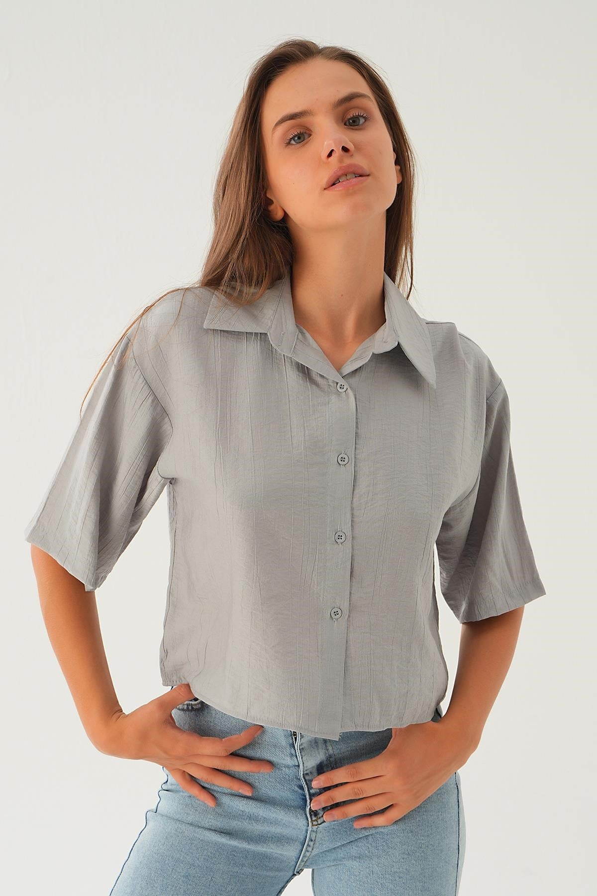 Gri Oversize Kısa Gömlek 4159A