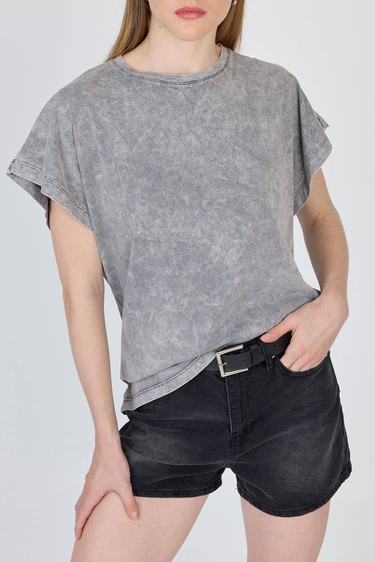 Gri Yıkamalı Oversize Basic Tişört 253014