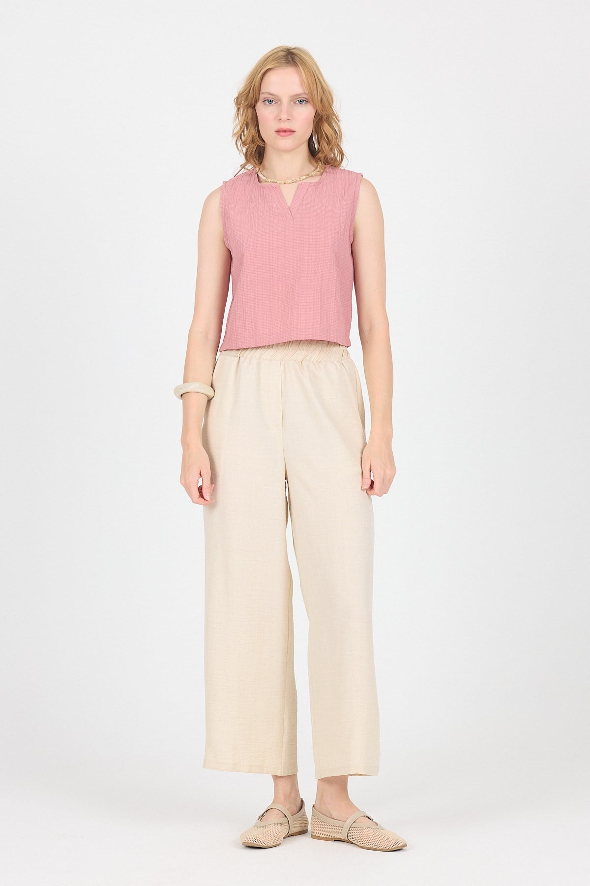 Gül V Yaka Kolsuz Crop Bluz 8027