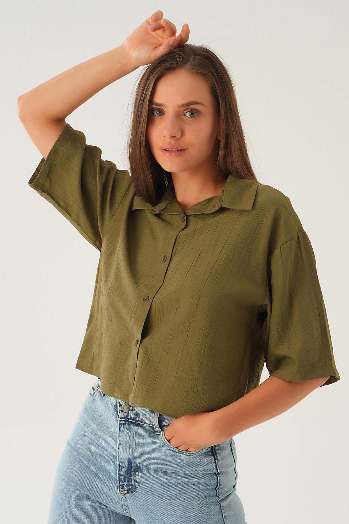 Haki Oversize Kısa Gömlek 4159A