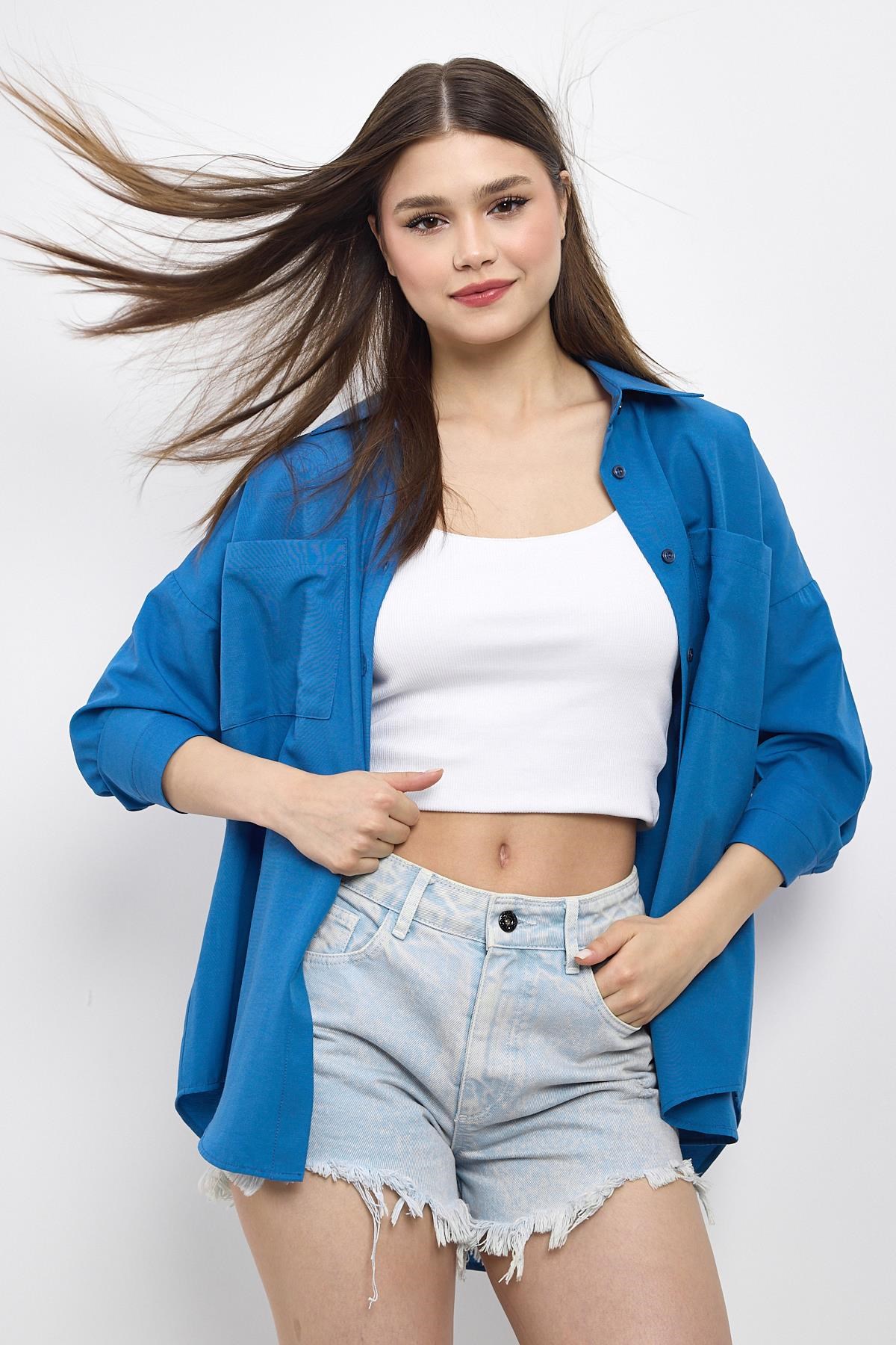 İndigo Çift Cepli Oversize Uzun Basic Gömlek TCR 6256A